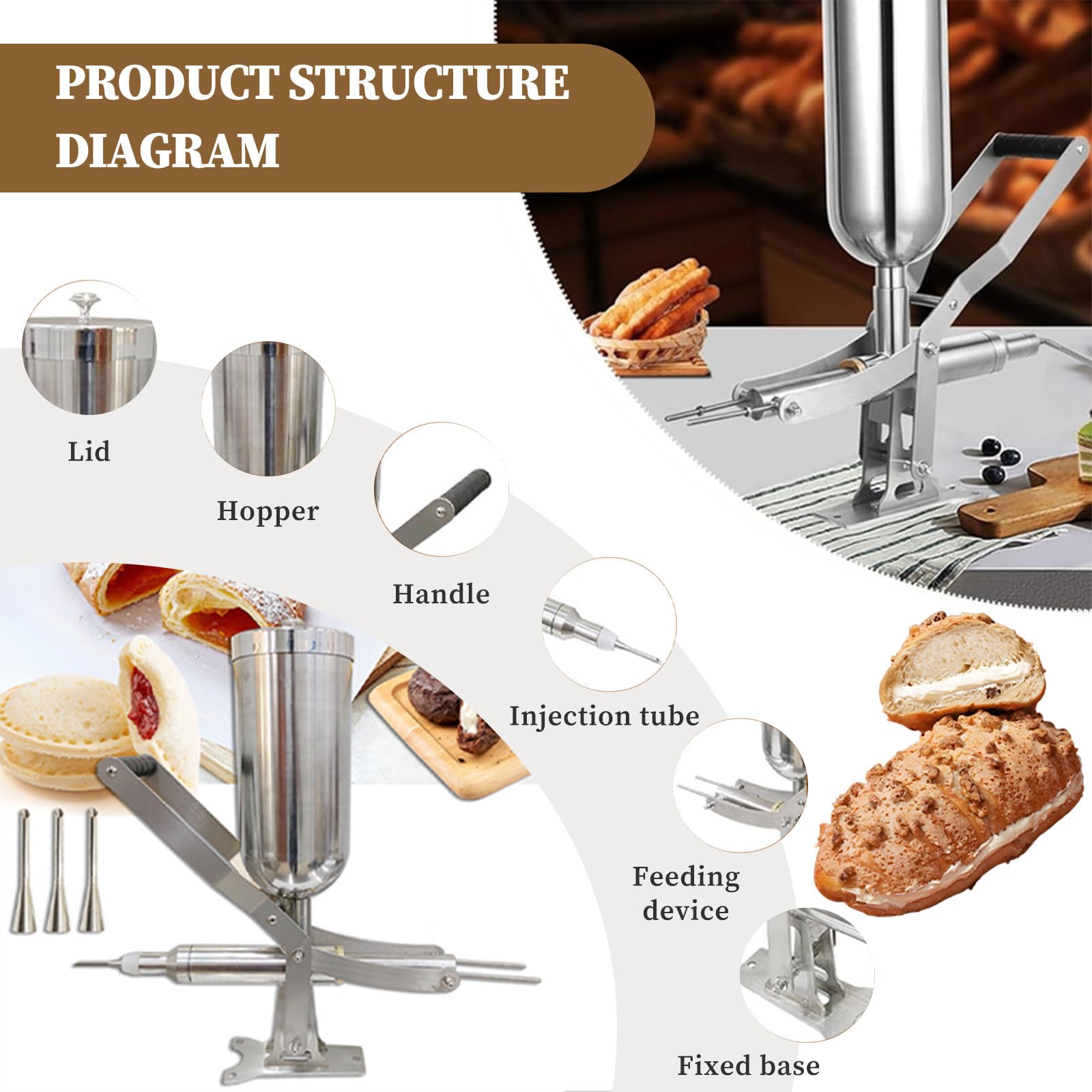 Inyector de Caramelo de Acero Inoxidable, Rellenadora Profesional de Crema, Rellenadora de Acero Inoxidable con 4 Boquillas para el Hogar y Panaderías CT-01