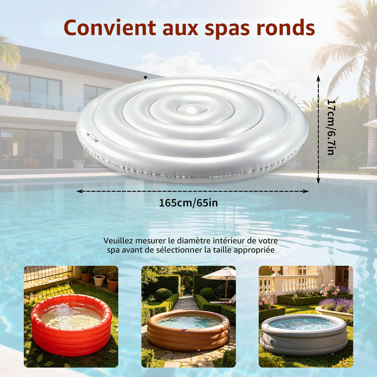 Couverture Spa Gonflable Rond - Bâche Thermique Isolée en PVC, Couvercle Spa Résistant Aux Intempéries pour Maintien De La Chaleur Et Protection, Accessoire Spa 4 à 6 Places