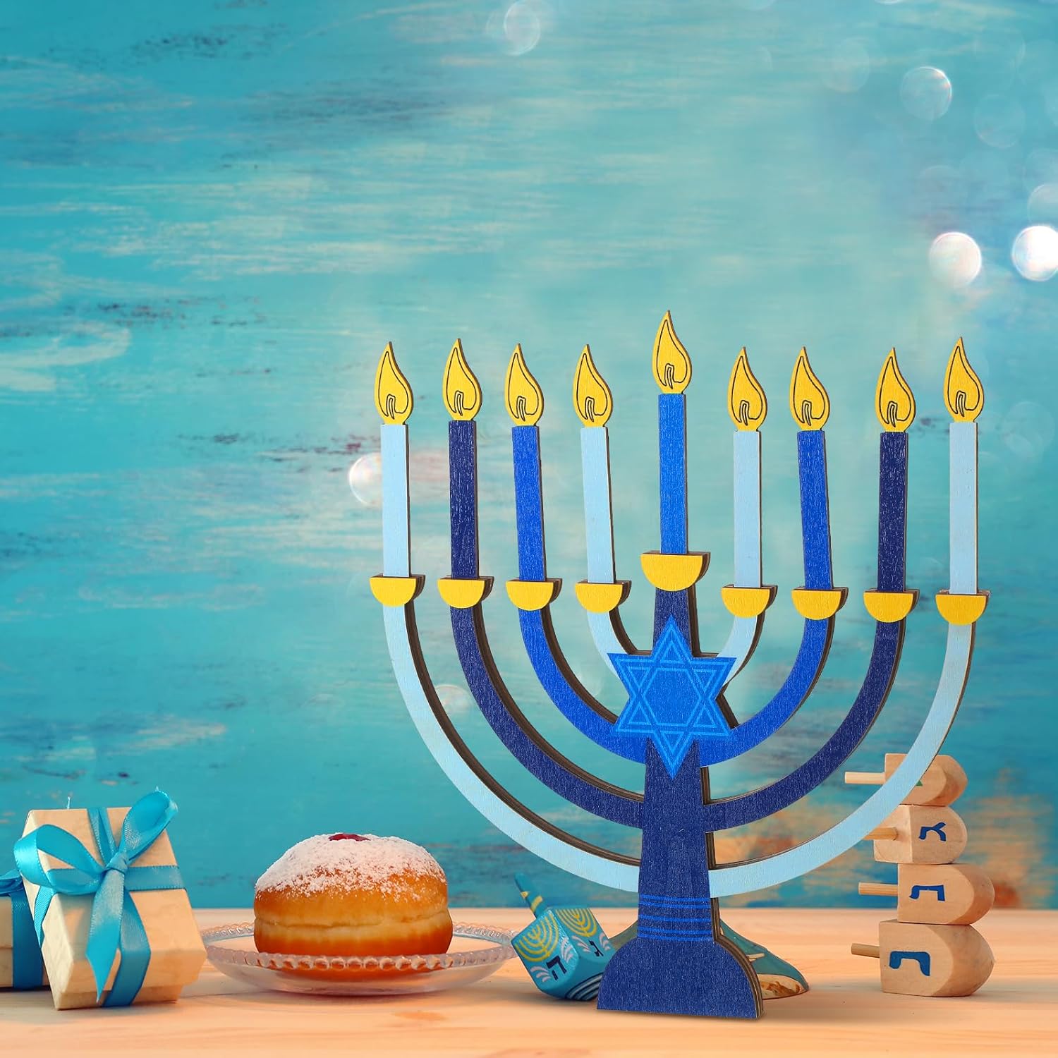 Layhit Hanukkah Menorah Candle Holder Chanukah Wooden Menorah Decorations with Removable Candles for Kids Jewish Holiday Table Centerpiece Party Favors(Blue)
