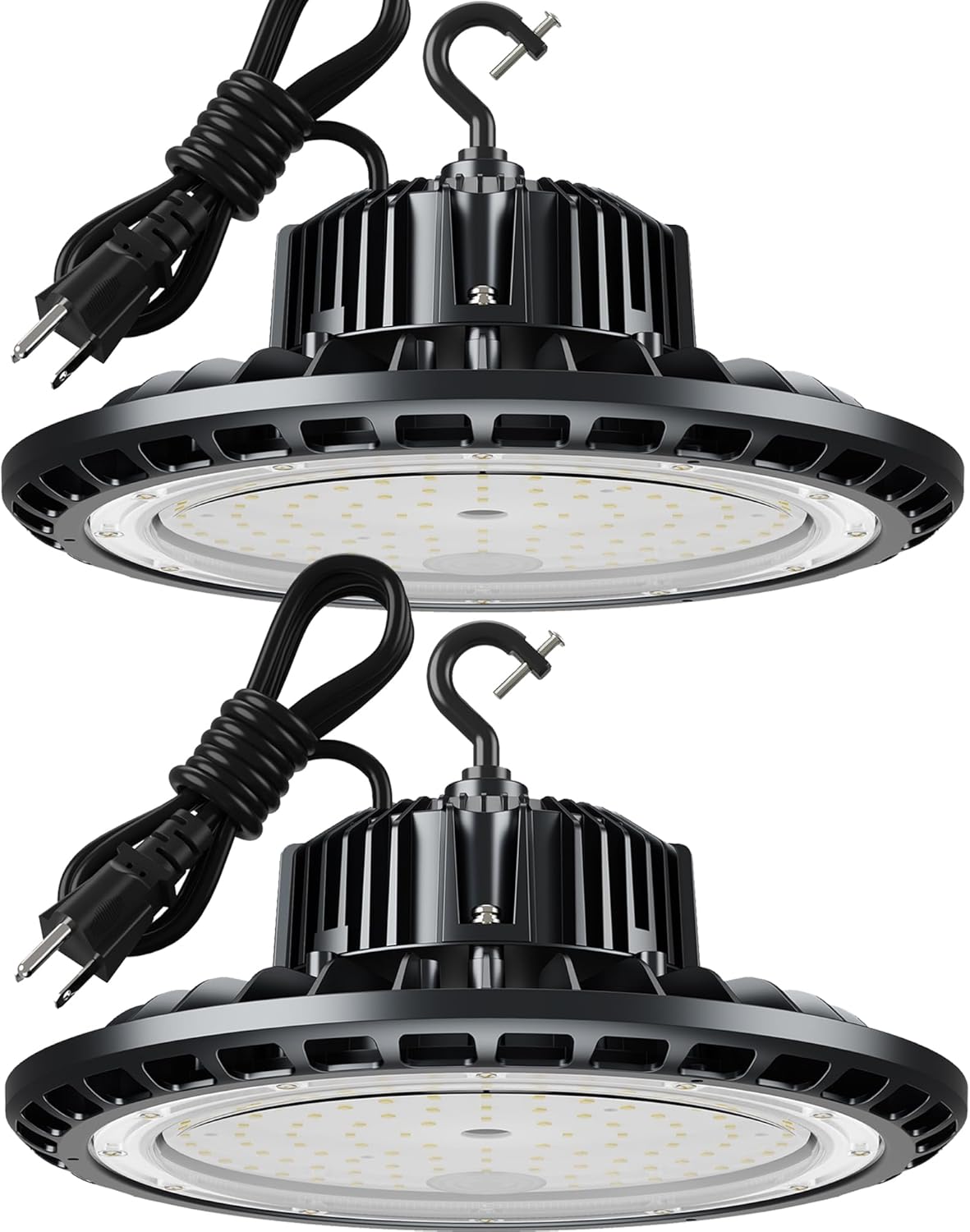 UFO LED High Bay Light 150W 5000K,21,000LM,Lamp with Plug, Hanging Hook, Safe Rope, Lighting Fixtures for Warehouse Shop Factory Garage Gym Barn（2 Pack）