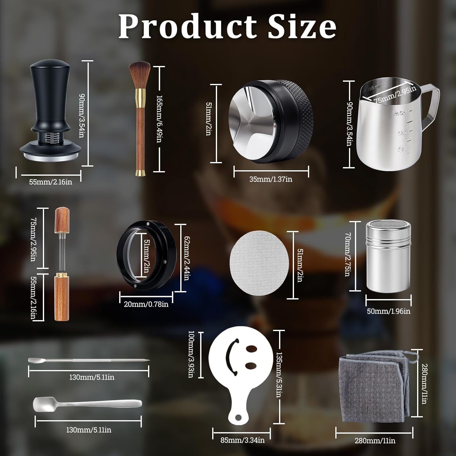 28PCS 51mm Espresso Accessories Kit,Espresso Knock Box and Tamping Station,Includes Distributor,Stirrer,Dosing Funnel,Brush,Puck Screen,Frothing Pitcher,Latte Pen,Powder Ring,Towel,Decorative Stencils