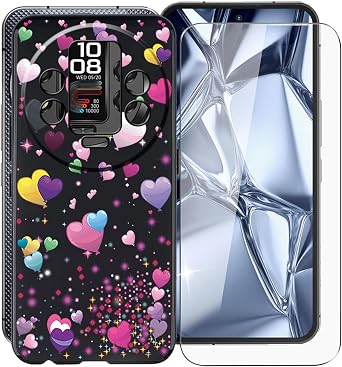 for Oukitel WP200 Pro Case, with [ 1 x Screen Protector Tempered Glass Film], Black Soft Silicone Cover Shockproof Bumper Protection Case for Oukitel WP200 Pro 6.70" - Pink Balloon