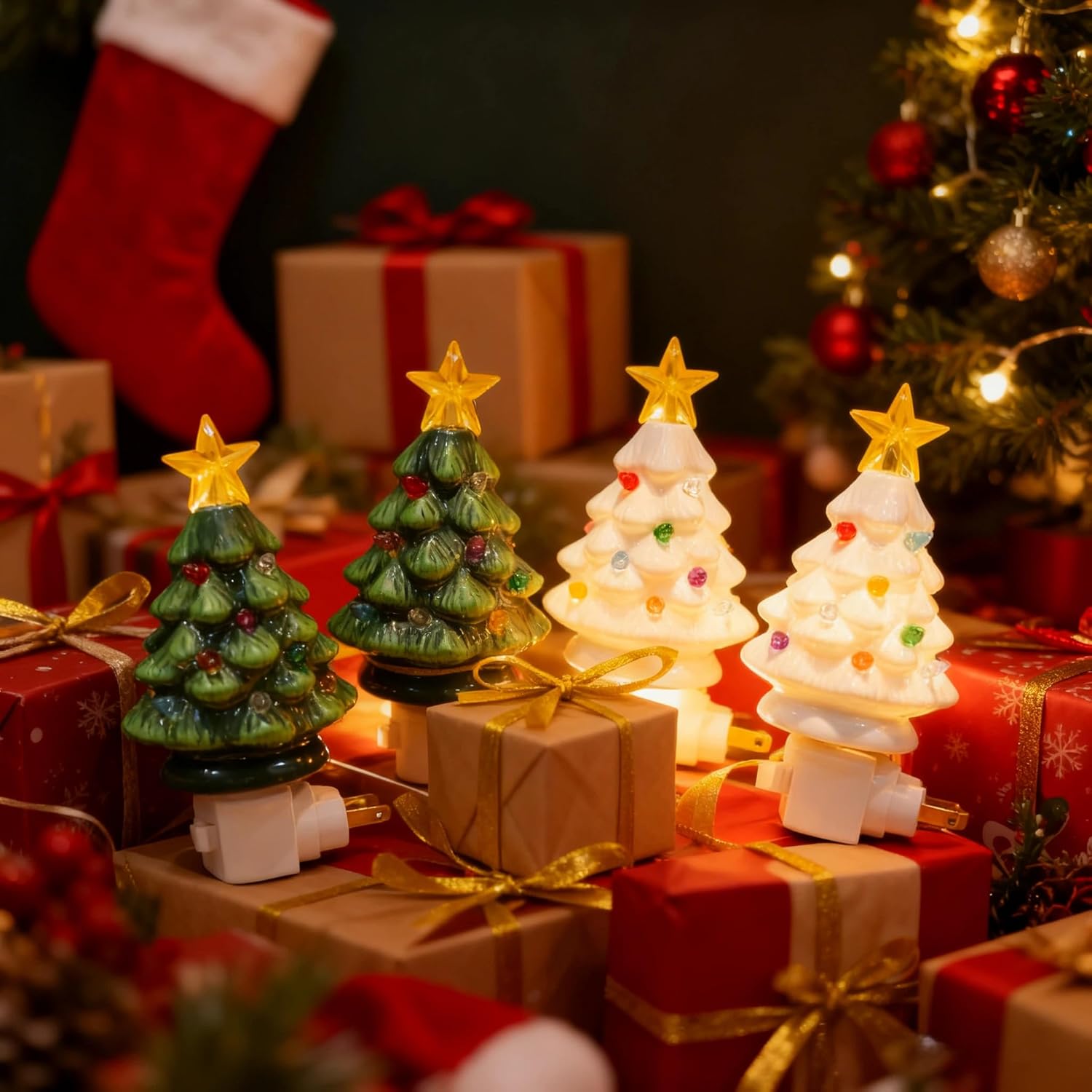 Christmas Tree Night Light Plug-in - 4 Pack 6" Decorative Christmas Tree Night Lights with ON/OFF Switch, Plastic Christmas Night Light for Kitchen Bathroom Bedroom Hallway Porch Office Holiday Decor