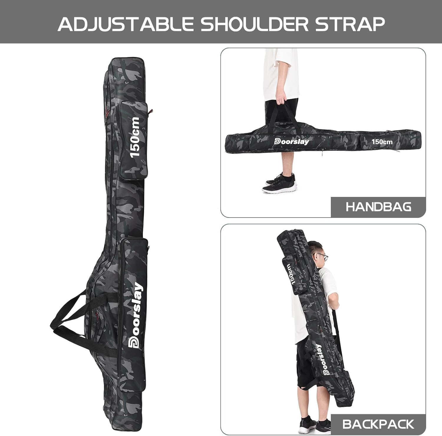 Doorslay Fishing Rod Case - Three Layer Oxford Portable Folding Pole Bag, Waterproof Tackle Storage, Travel Bags for Camping, Hiking