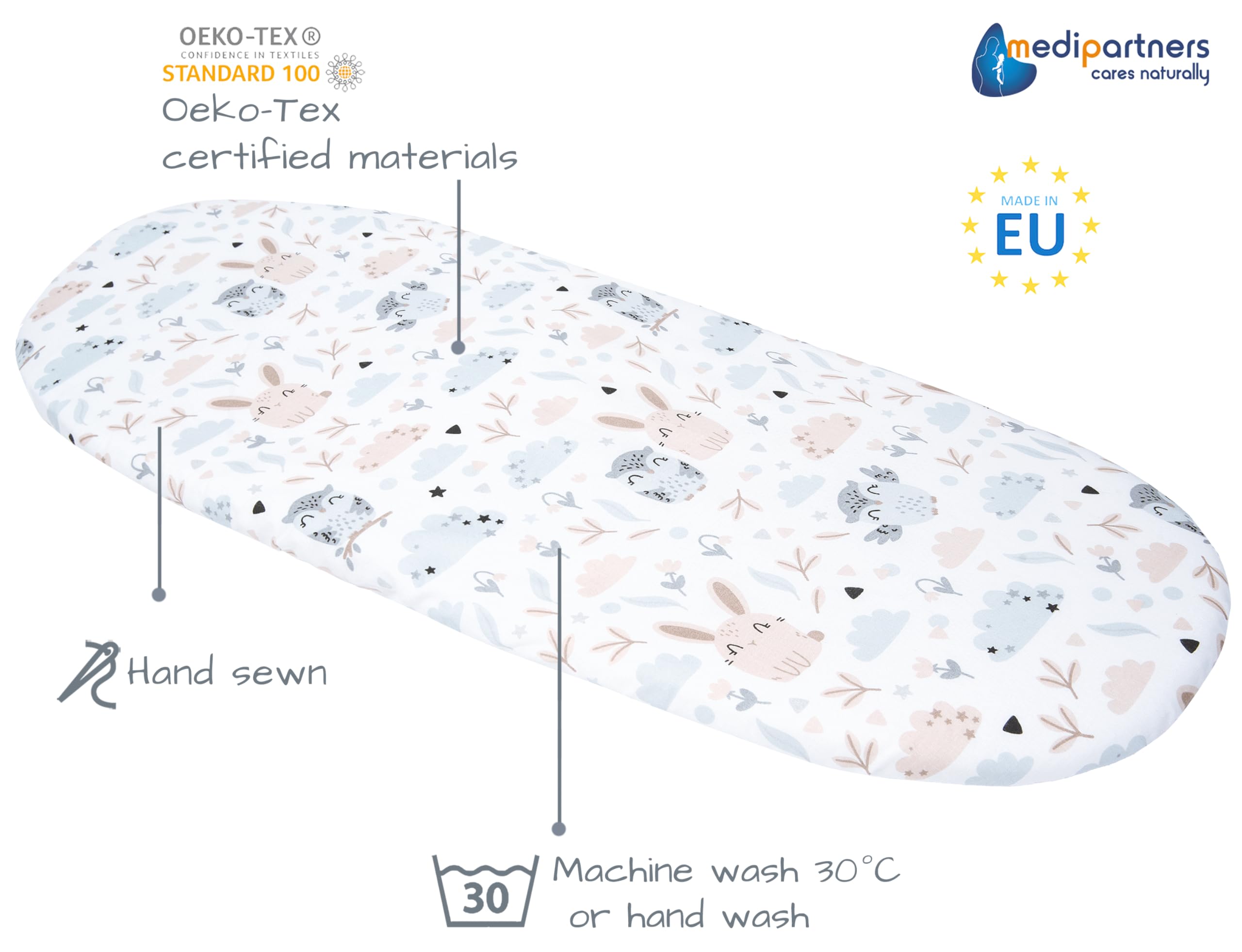 Medi Partners Set of 3 pcs. Fitted Sheet Pram 86 x 40 cm 100% Cotton Mattress Protector Baby, Glade-white-grey, Three pack - Image 3