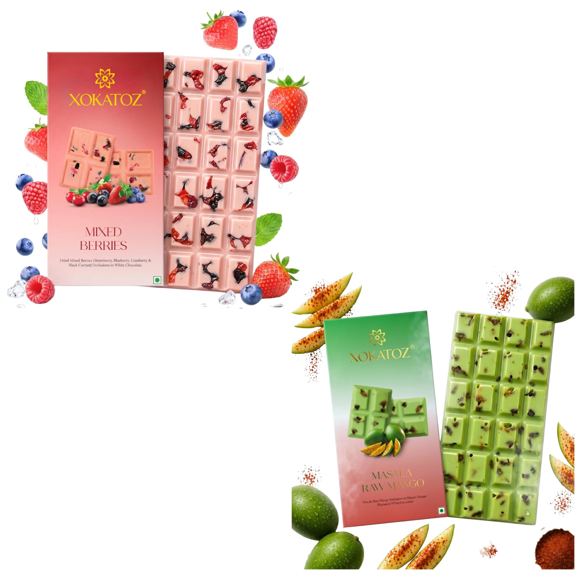 XOKATOZ Exotic Premium Chocolate Mixed Berries & Masala Raw Mango