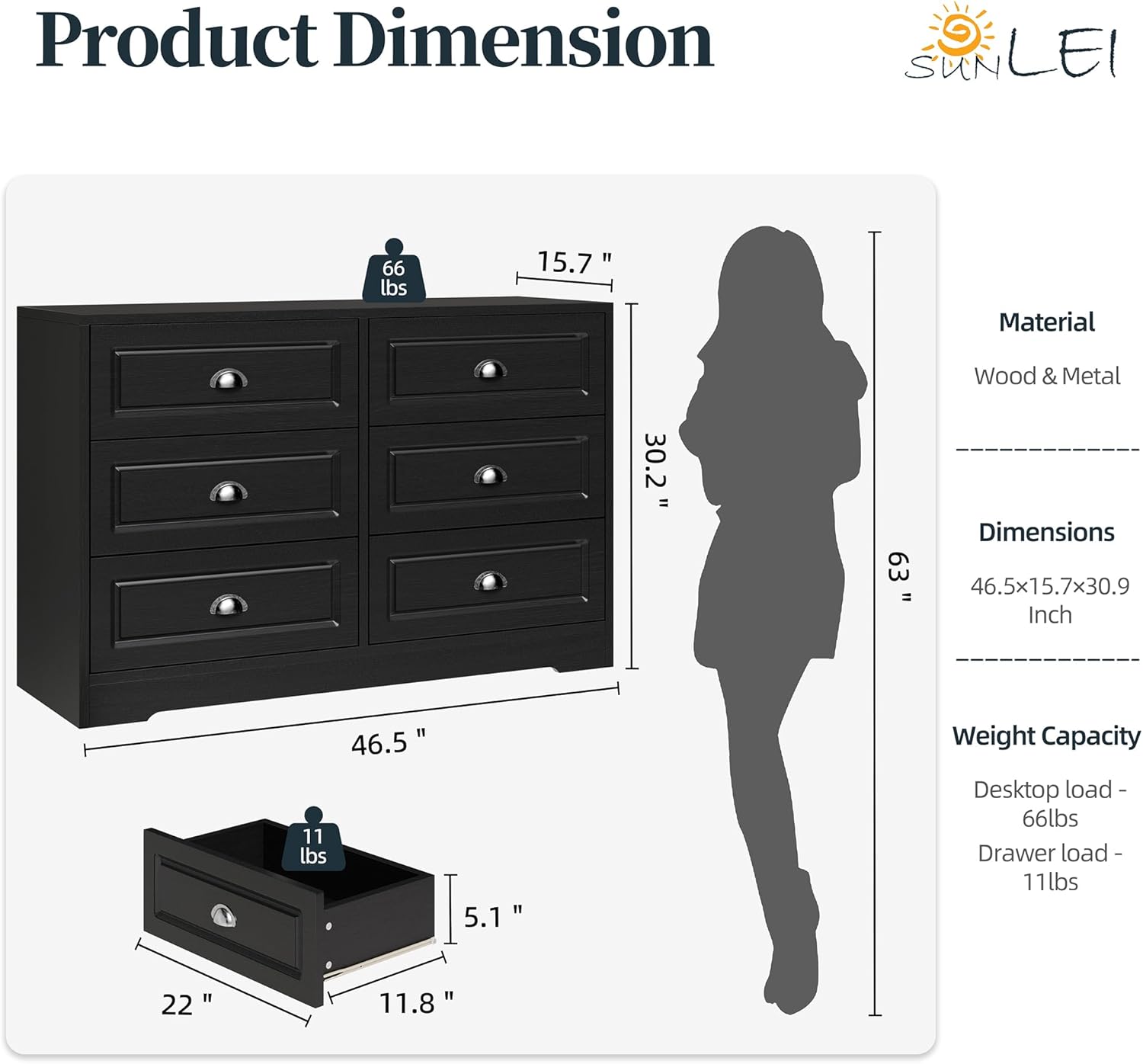 SUNLEI 6 Drawer Double Dresser, Black Wooden Dresser for Bedroom, Wide Chest of Drawers with Metal Handles, Storage Organizer Dresser, Nursery Dresser, TV Stand Storage Chest for Living Room, Hallway