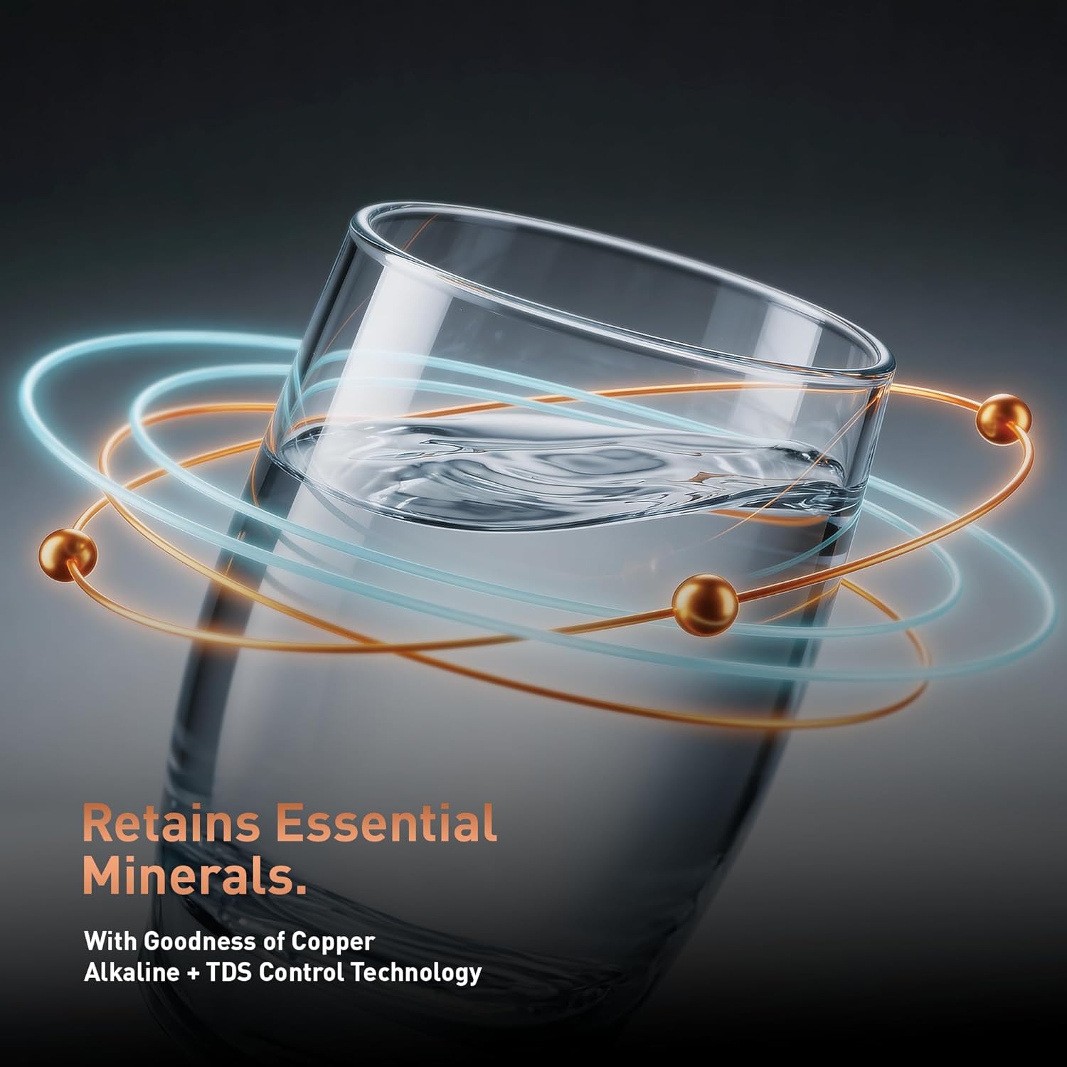 Glass of water with swirling copper and alkaline mineral representations