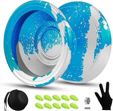 C2 Yoyo Professional Responsive Yoyos , Beginners and Adults, Dual Function yoyos, Metal Yoyo with Bag, Gloves, 10 Yo-Yo Strings and Responsive Bearings Kit - Blue Silver