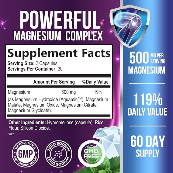 Magnesium Complex 500mg per Serving - Max Absorption Magnesium Powder Capsules for Muscle, Nerve, Bone and Heart Health Support, High Absorption Citrate Complex, Gluten Free, Non-GMO - 60 Capsules