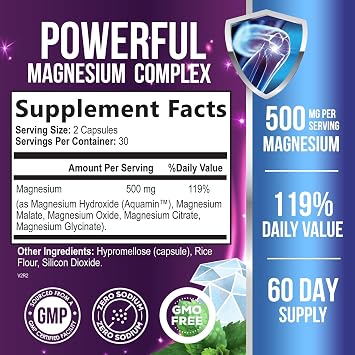 Magnesium Complex 500mg per Serving - Max Absorption Magnesium Powder Capsules for Muscle, Nerve, Bone and Heart Health Support, High Absorption Citrate Complex, Gluten Free, Non-GMO - 60 Capsules