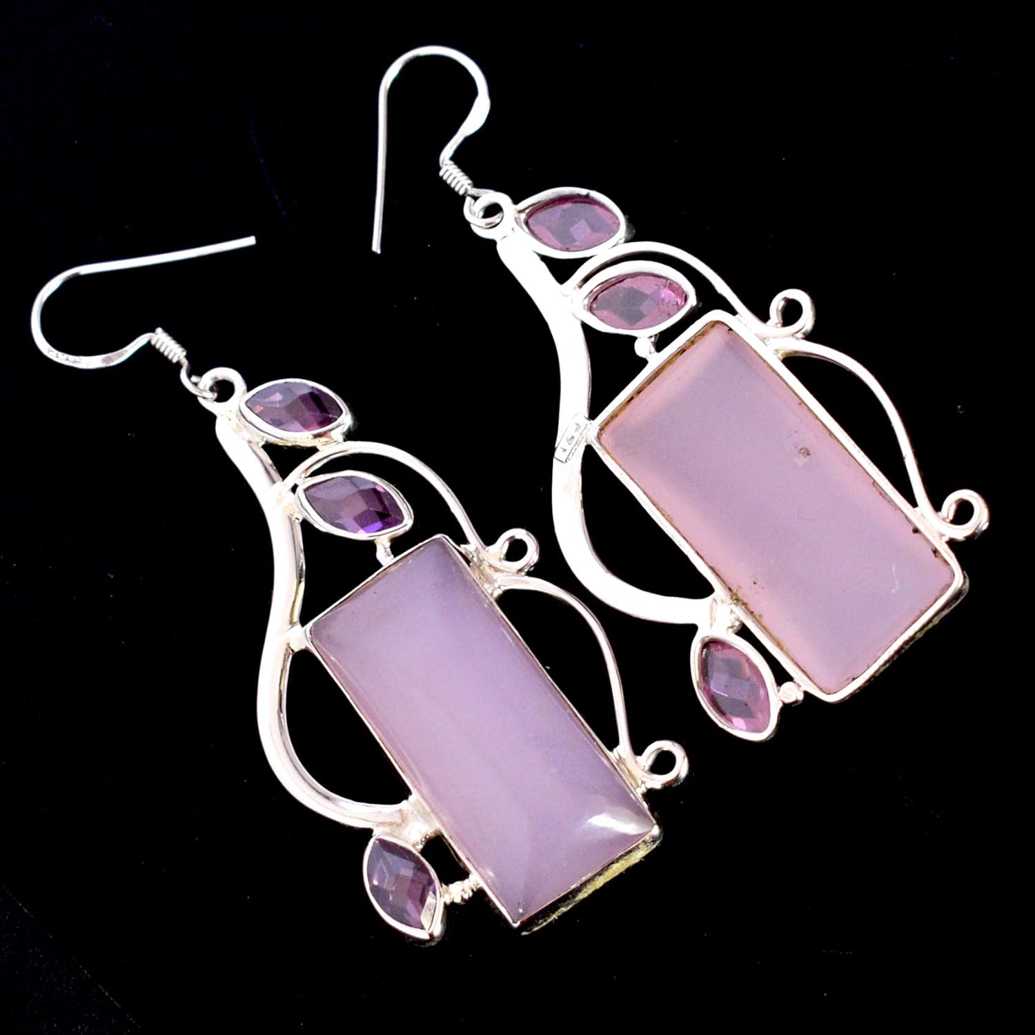 Natural Rose Quartz Earrings in 925 Sterling Silver – Faceted & Cabochon Pink Gemstone Jewelry, Rectangle Marquise Shape, White Rhodium Plated Handmade Drop Dangle with Ear Wire Clasp, 15.5g