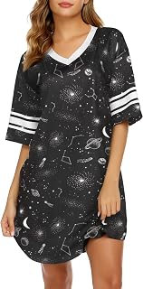 Womens Nightgown Cotton Sleepwear Short Sleeve Sleep Shirt V Neck Color Block Nightshirt