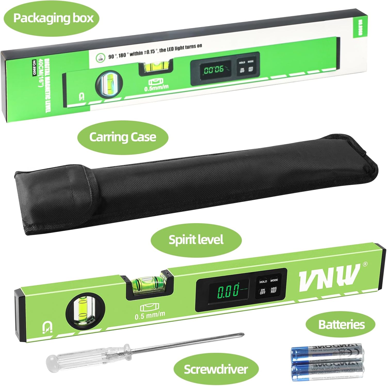 16inch Digital Level with LCD Display - Bubble Light Up Function - Multi Purpose:Magnetic Torpedo Level, Angle Finder 0-90° & 0-180° Range -Leveler Tool for Woodwork,Saw & Home Leveling (Green)