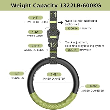 Gymnastic Rings with Adjustable Straps Buckle, Fitness Rings Suspension Trainer System for Exercise, Non-Slip Silicone Gym Rings Set for Home, Calisthenics, Workout, Training, Crossfit, Pull up Rings