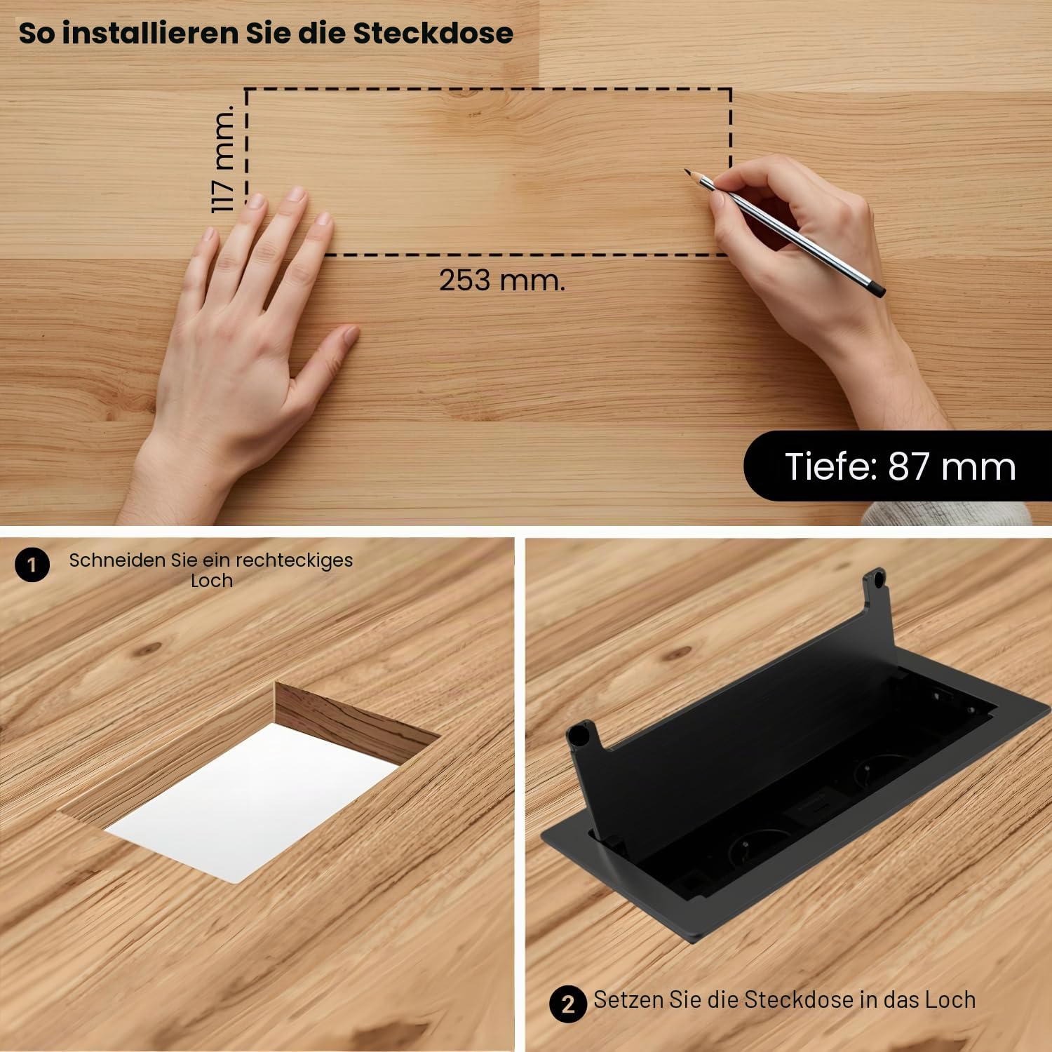 Evotrade Versenkbare Mehrfachsteckdose mit 2 Schuko-Steckdosen + USB A+C 10 W, HDMI, RJ45, gedämpfter Verschluss, ideal für Schreibtische, Küchen und Arbeitsplatten, 3600 W, Kabel 1,5 m, Bohrung 253 x