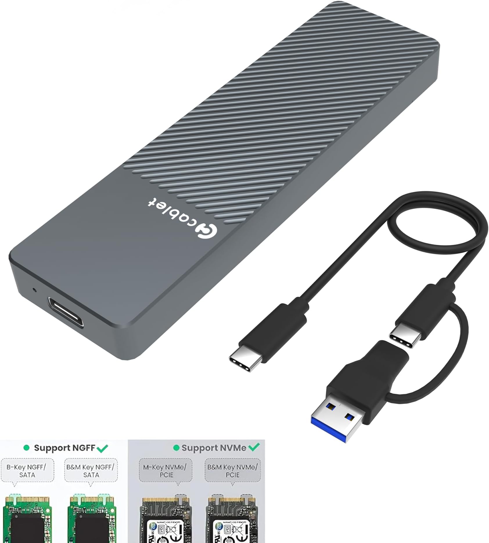 Cablet M.2 NVMe/NGFF SSD Enclosure USB 3.1 Gen2 10Gbps for 2242/2260/2280 M-Key/M+B Key PCIe SSD, Supports Dual Protocol NVMe and NGFF SSD, UASP Max 2TB, Aluminium Case