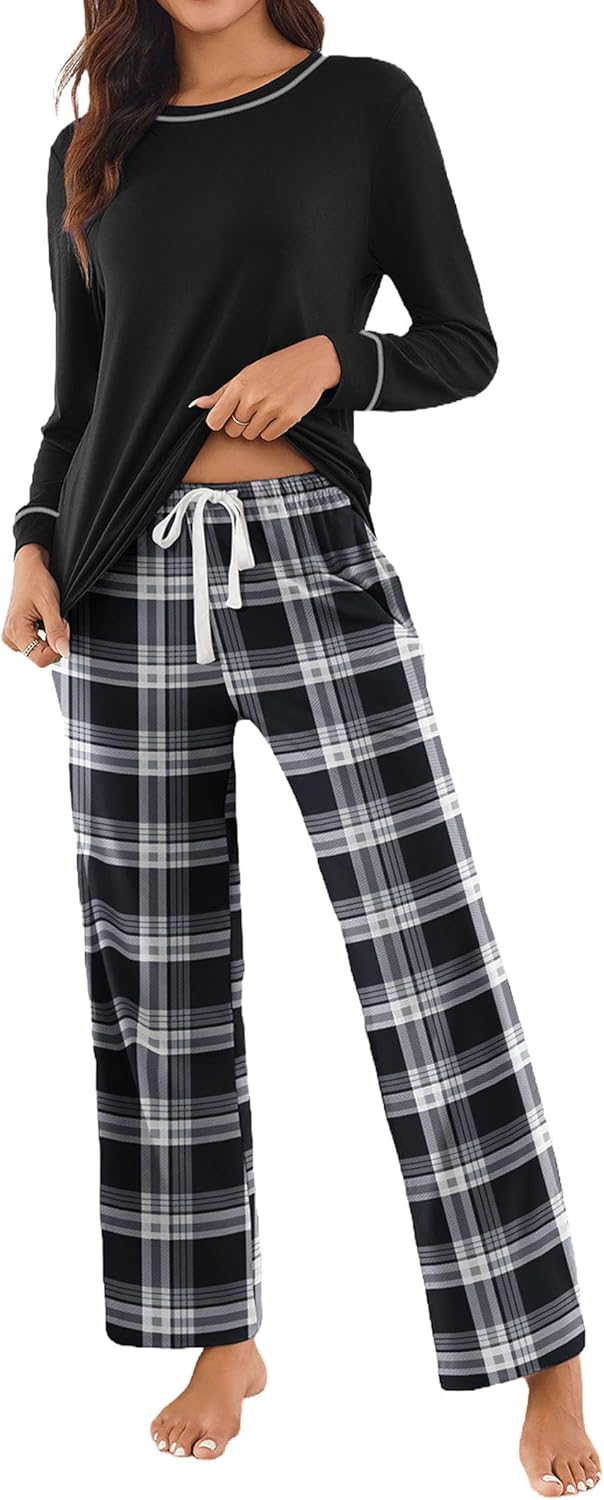 Ekouaer Womens 2 Piece Pajama Set Long Sleeve PJs with Plaid Pants Drawstring Elastic Waist Sleepwear Lounge Set