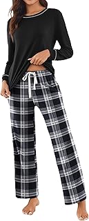 Womens 2 Piece Pajama Set Long Sleeve PJs with Plaid Pants Drawstring Elastic Waist Sleepwear Lounge Set