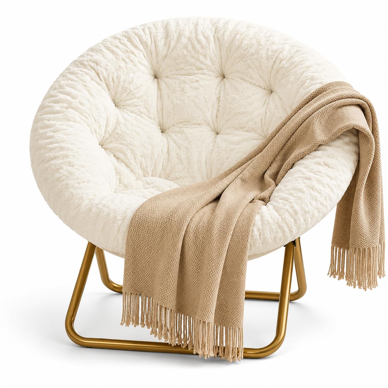 Simple Deluxe Saucer Chair, Round Foldable Reading Chairs, X-Large Size Cozy Papasan Chair, Comfy Furry Padded Moon Chair, Round Dorm Chairs for Bedroom Living Room, White