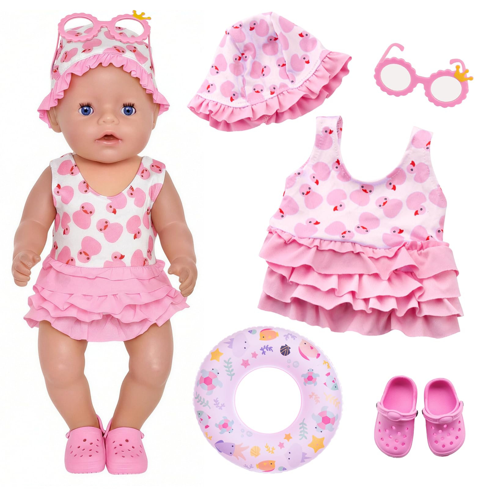 Xerteam Doll Clothes Summer Swimming Set for Dolls, Doll Swimsuit, Swim Ring, Sunglasses, Shoes Compatible with 35-45 cm Born Baby Dolls, 5-Piece Duck Print Swimming Set Girls Gift