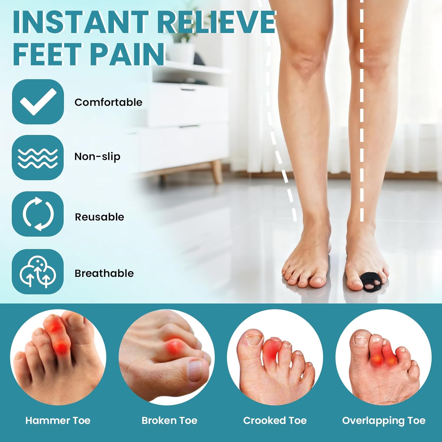 Hammer Toe Straightener for Women & Men - 4 Pcs Non-Slip Toe Splints Wraps, Hammer Toe Corrector Relief for Broken Toes, Crooked Toes & Overlapping Toes - Image 2