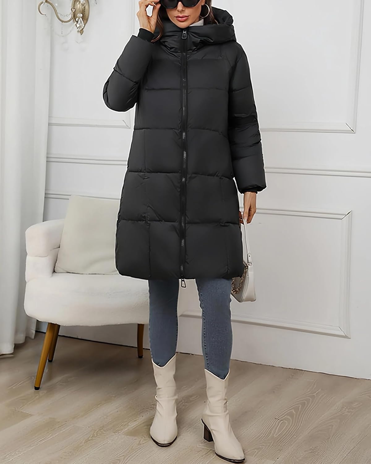 Women's Hooded Long Puffer Coat Winter Warm Full Zip Lightweight Quilted Jacket with Pockets - Image 5