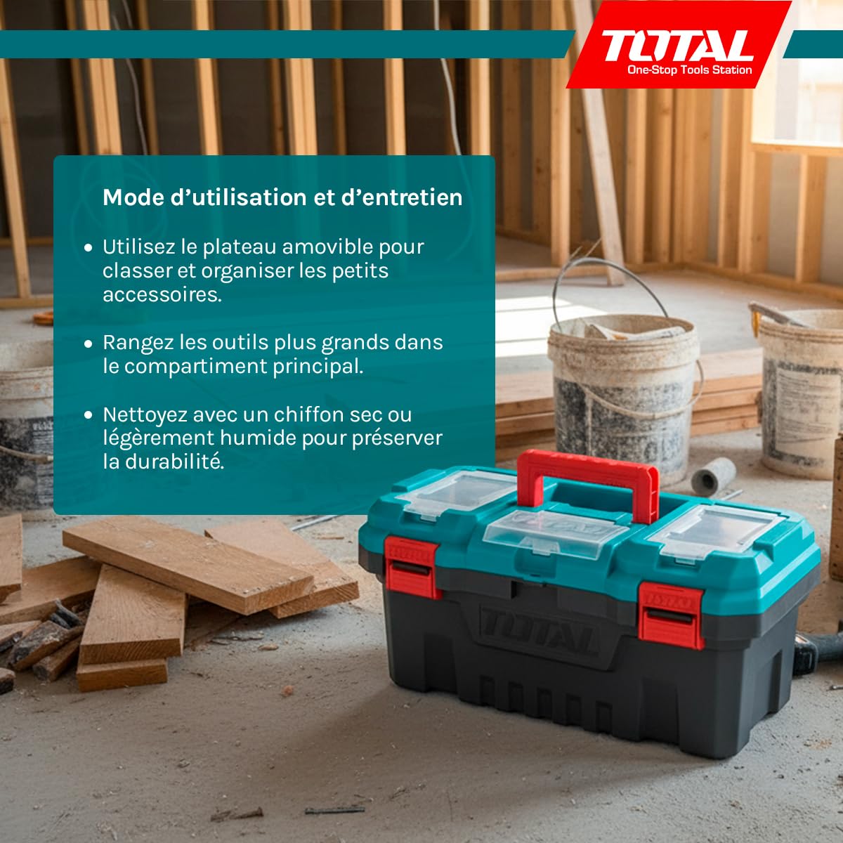 TOTAL - Organisateur d’Outils 20 kg - Boîte en Plastique avec Plateau Amovible et Couvercle Supérieur - 3 Zones de Rangement et Fonction Échelle - Dimensions 508x296x261 mm