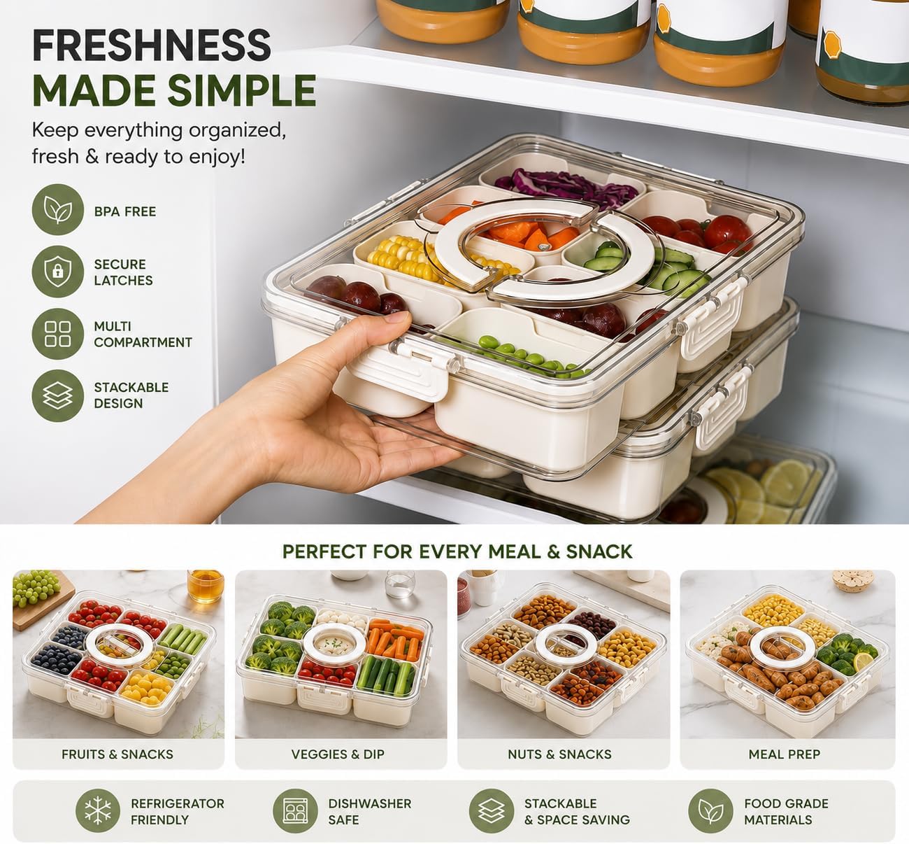 2 Pack Snackle Box Container with Lid & Handle, Microwave & Dishwasher Safe, 8 Compartment Snack Tray Organizer for Travel, Kids, Adults, Parties & Road Trips