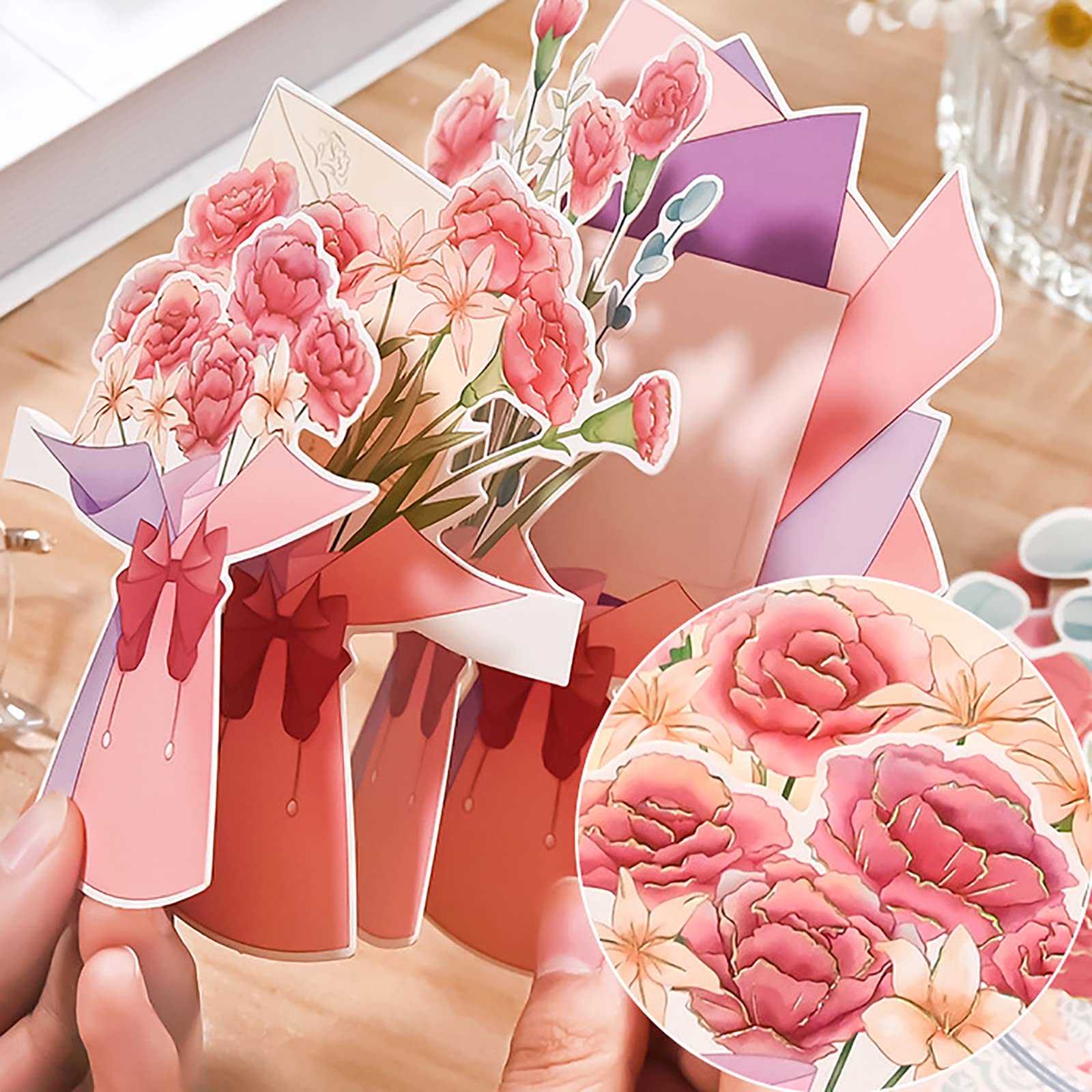 Emivery Flower Greeting Cards With Envelope, 3D Paper Flowers Bouquet Carnations Greeting Cards For Mother's Day Birthday Anniversary Flower Card For Mom, Women, Teacher, Lover