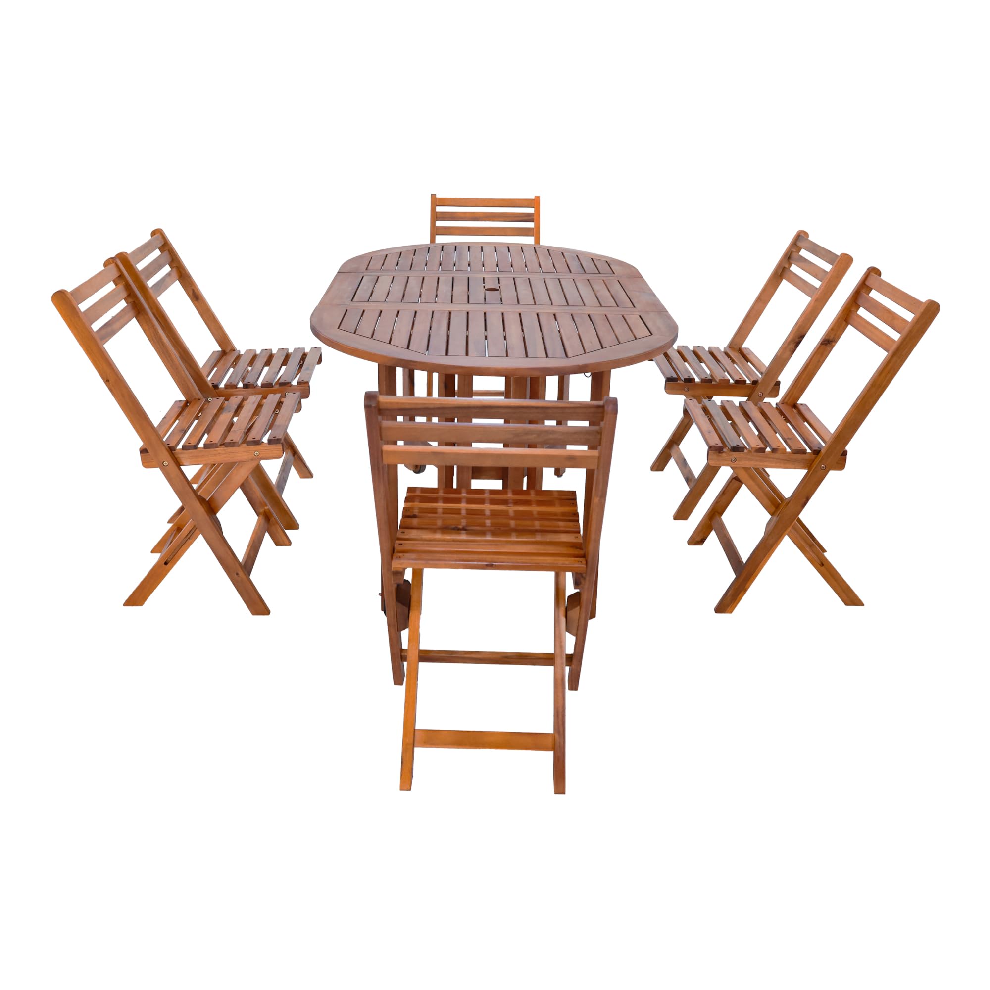 [en.casa] Muebles de Terraza con 1 Mesa de Comedor 6 Sillas Plegables Conjunto de Muebles de Jardin Exterior 7 Piezas con Abertura para Sombrilla Madera de Acacia 74 x 150 x 90 cm - Natural