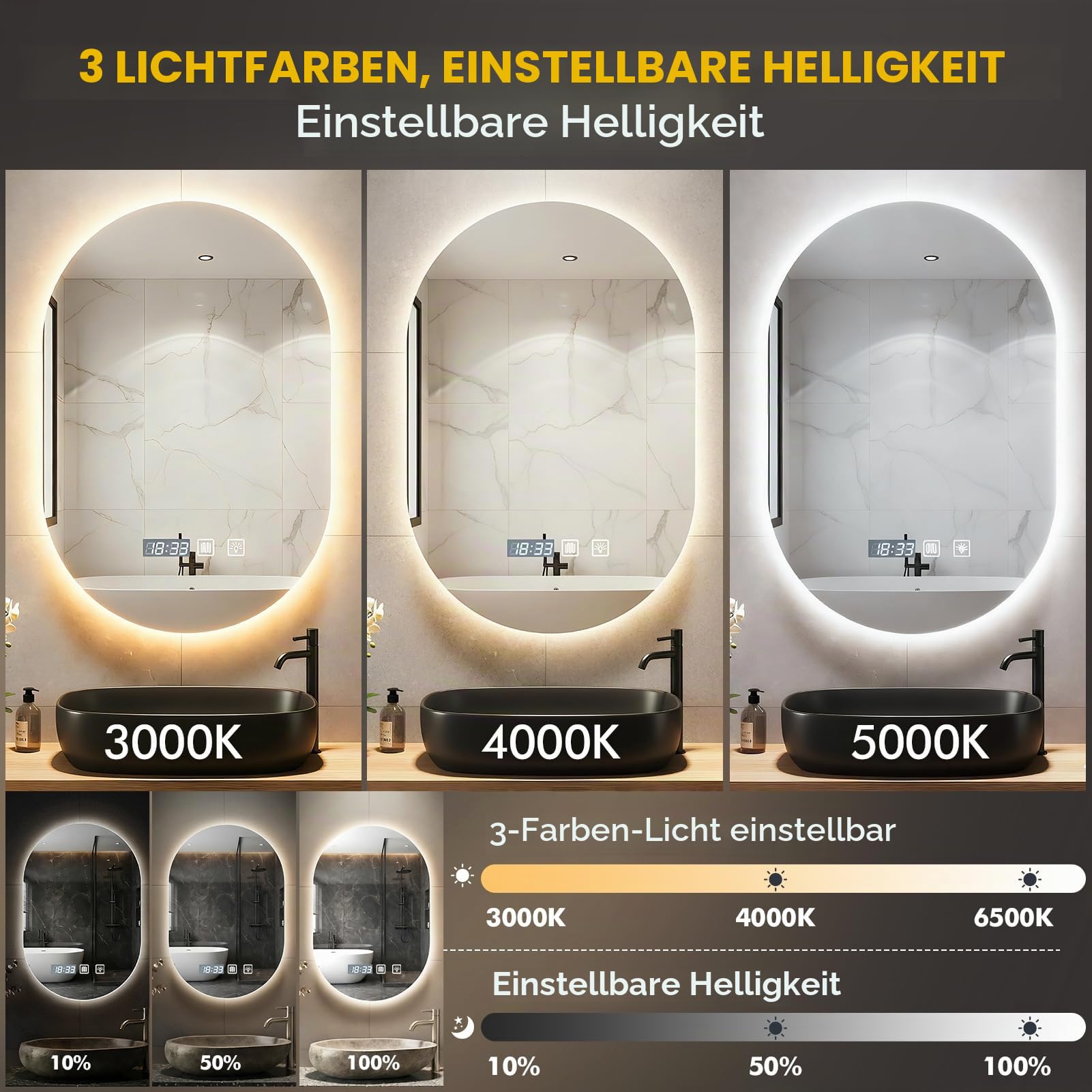 Badspiegel mit Beleuchtung,75x50cm Wandspiegel,LED Spiegel,3 Lichtfarbe Dimmbar,Kosmetikspiegel Schminkspiegel,Badezimmer-Wandspiegel,Antibeschlag,Touch-Schalter, IP44,Horizontal/vertikal