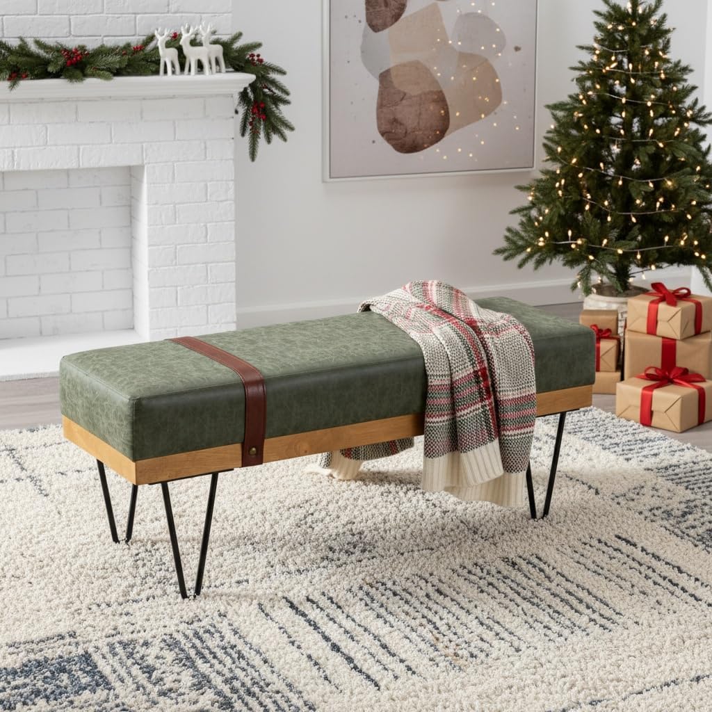 DUOMAY Industrial Modern PU Rectangle Ottoman Bench with PU Strap and Metal Legs, Mid Century Dining Table Bench Footstool Entryway Shoe Bench for Bedroom Dining Room Living Room, Green