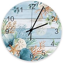 Blue Beach Coastal Wall Clock Silent Non Ticking Summer Nautical Coral Shell Botanical Vintage Large Wall Clocks Battery Operated Decor for Kitchen Living Room Bathroom Office Bedroom, 11.8 Inch