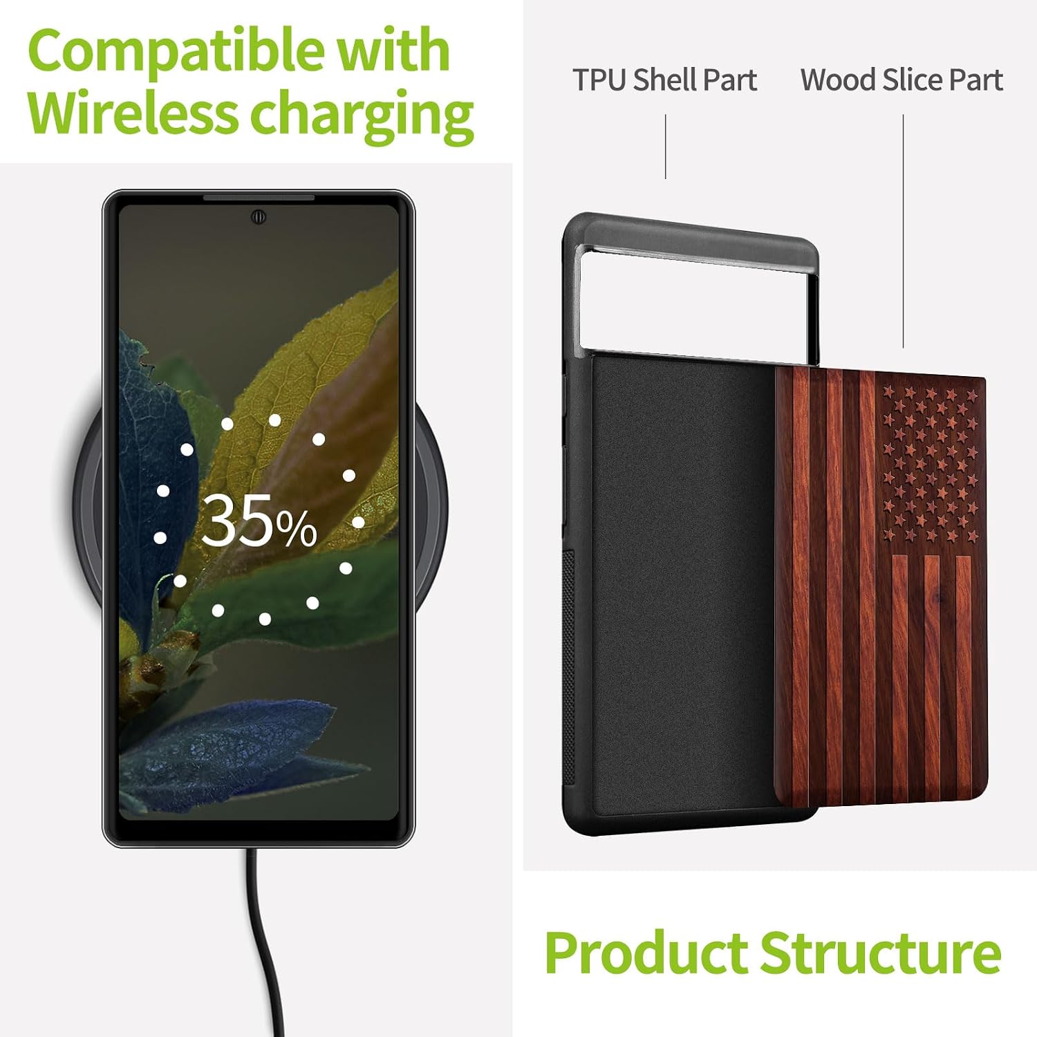 Carveit Wood Case for Pixel 8a - Natural Wood & Black Soft TPU Shockproof Protective Cover - Unique American Flag-Rosyen Case
