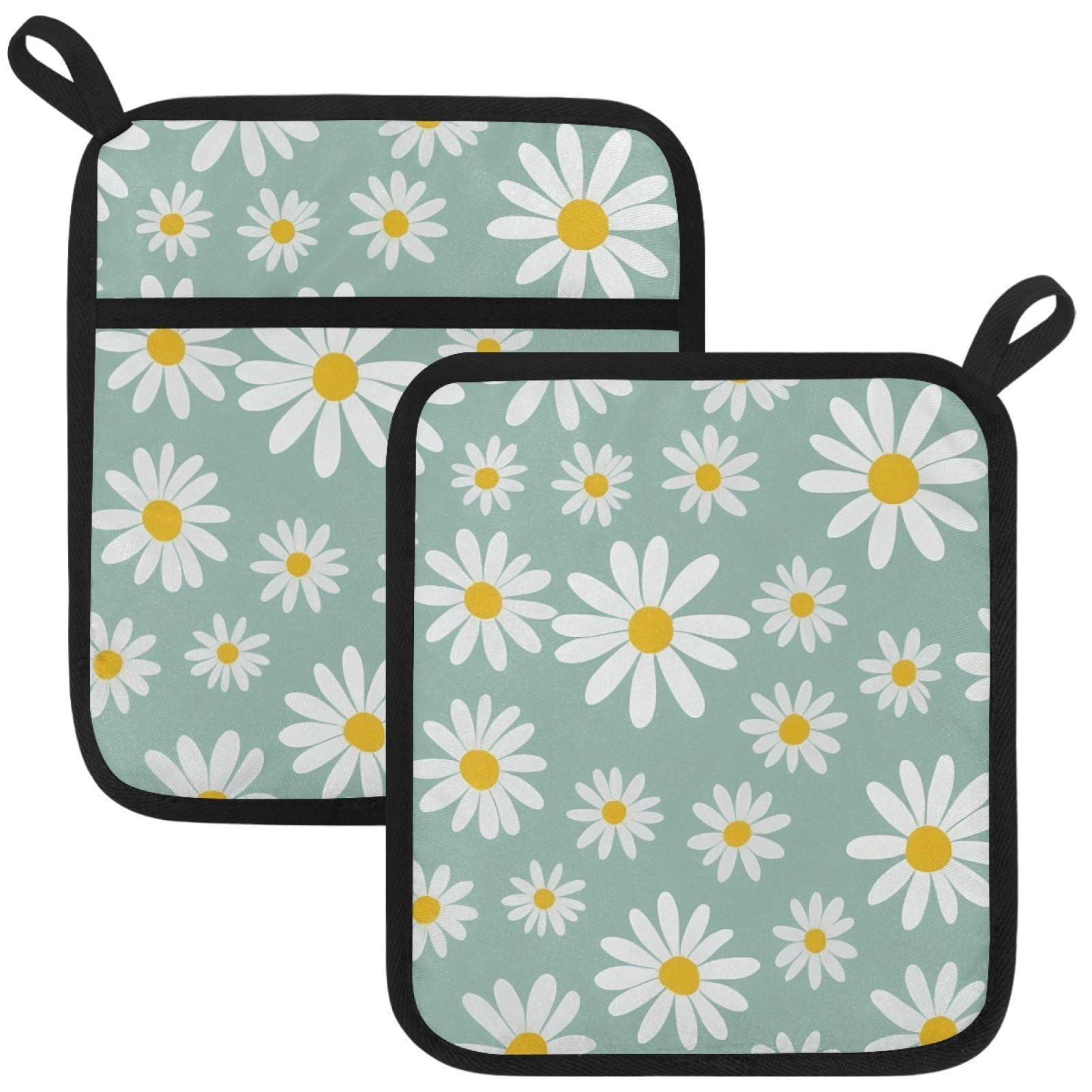 VAPOKF Daisy Florals Heat Resistant Pot Holders, Thick Pot Holders Pad with Hanging Loop for Kitchen, Oven Cloth Pads for Kitchen Baking Microwave Oven