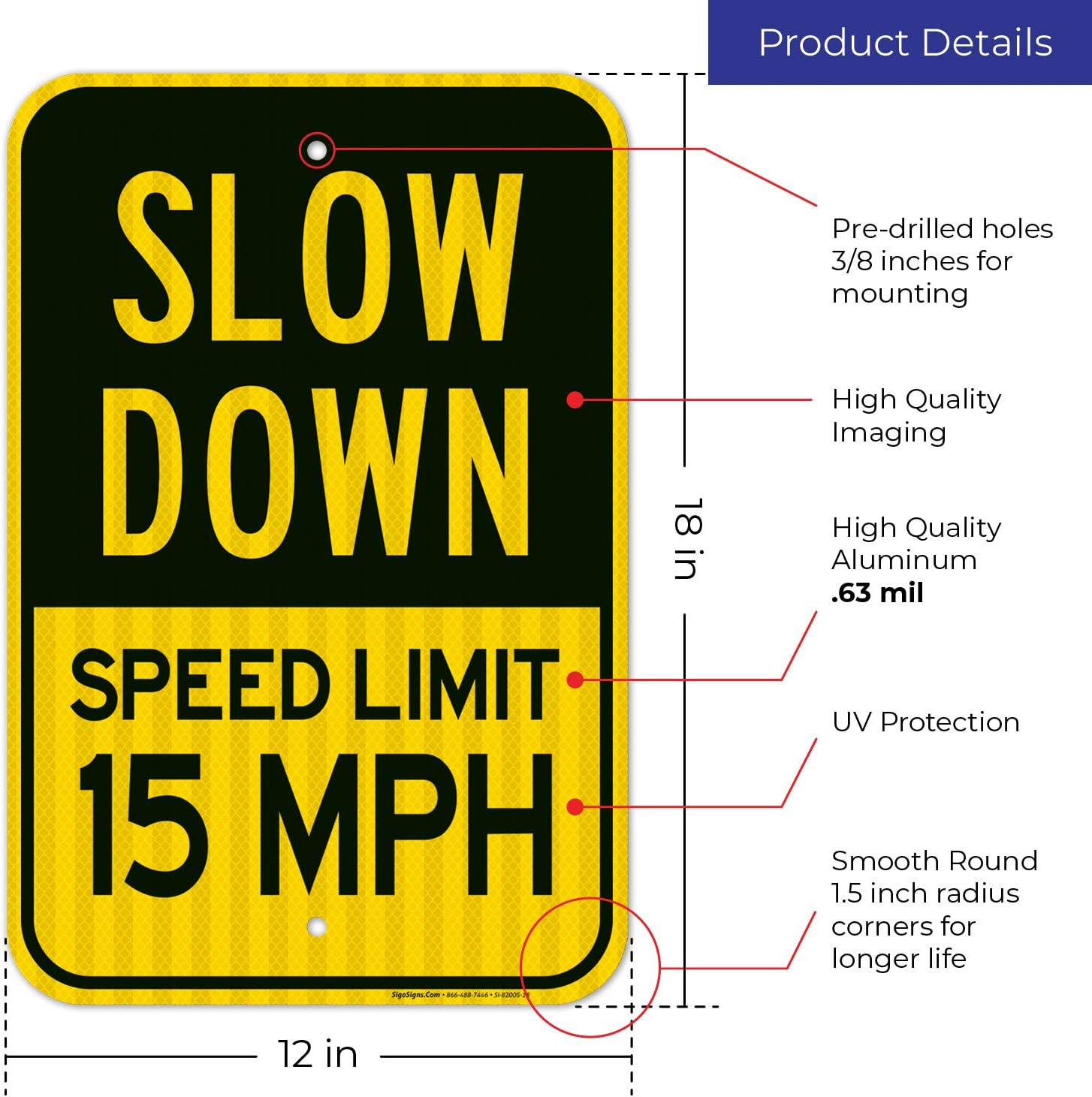 Slow Down Sign, Speed Limit 15 MPH Sign, (2 Pack) Large 12x18 3M Reflective (EGP) Rust Free .63 Aluminum, Weather/Fade Resistant, Easy Mounting, Indoor/Outdoor Use, Made in USA