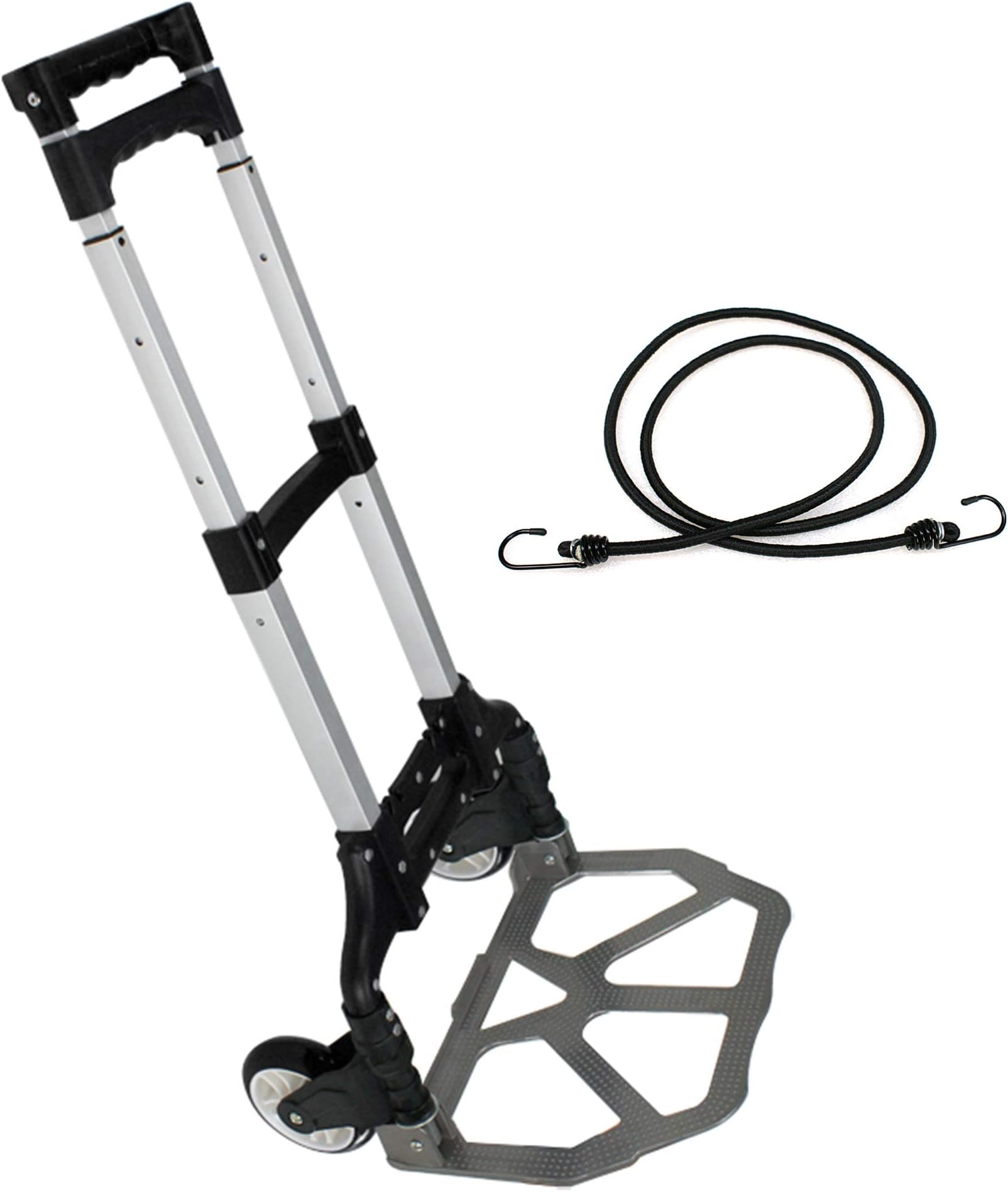 Portable Folding Hand Truck Aluminium Luggage Trolley Cart and Dolly 175 lbs Capacity with Black Bungee Cord, Telescoping Handle, PVC Wheels with Double Bearings for Travel Office Auto Moving