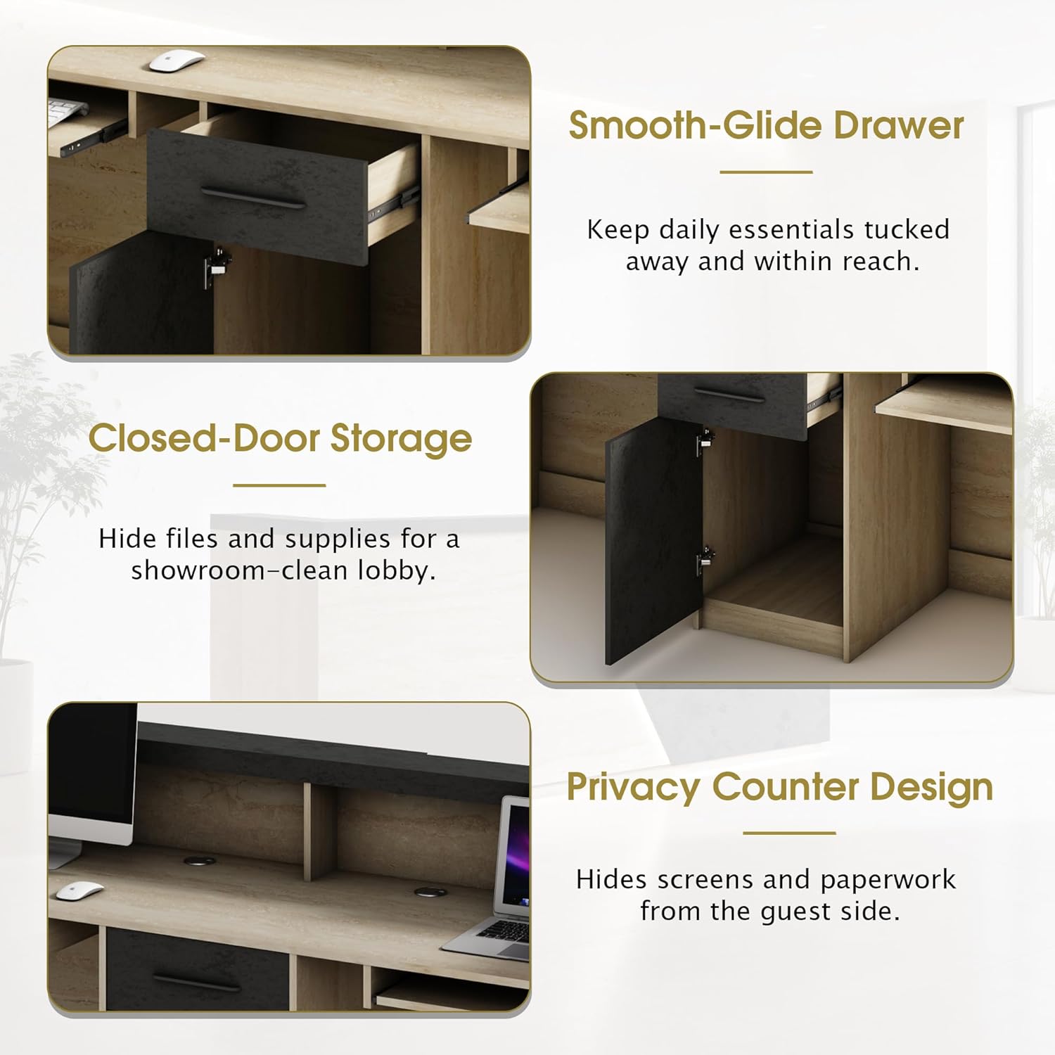 Reception Desk with Counter for 2 Person, Privacy Counter Design Modern Front Desk with Dual Keyboard Trays & Cable Grommets, LED Light Strip, Drawer & Cabinet, for Office Lobby (Left, 86.6 IN)