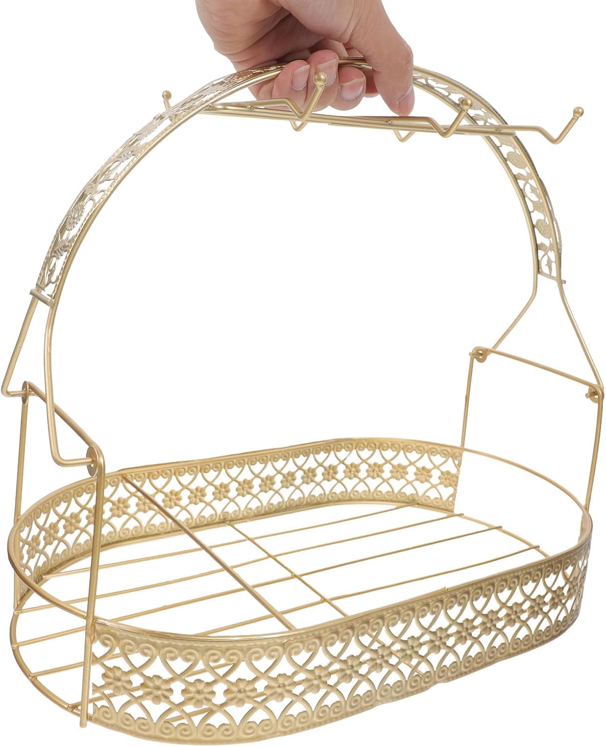 Iron Coffee Mug Holder Rack with Hooks for Kitchen Countertop Storage, Multifunctional Design for Tea Cups and Coffee Capsules, Sleek Golden Finish Organizer for Office and Home