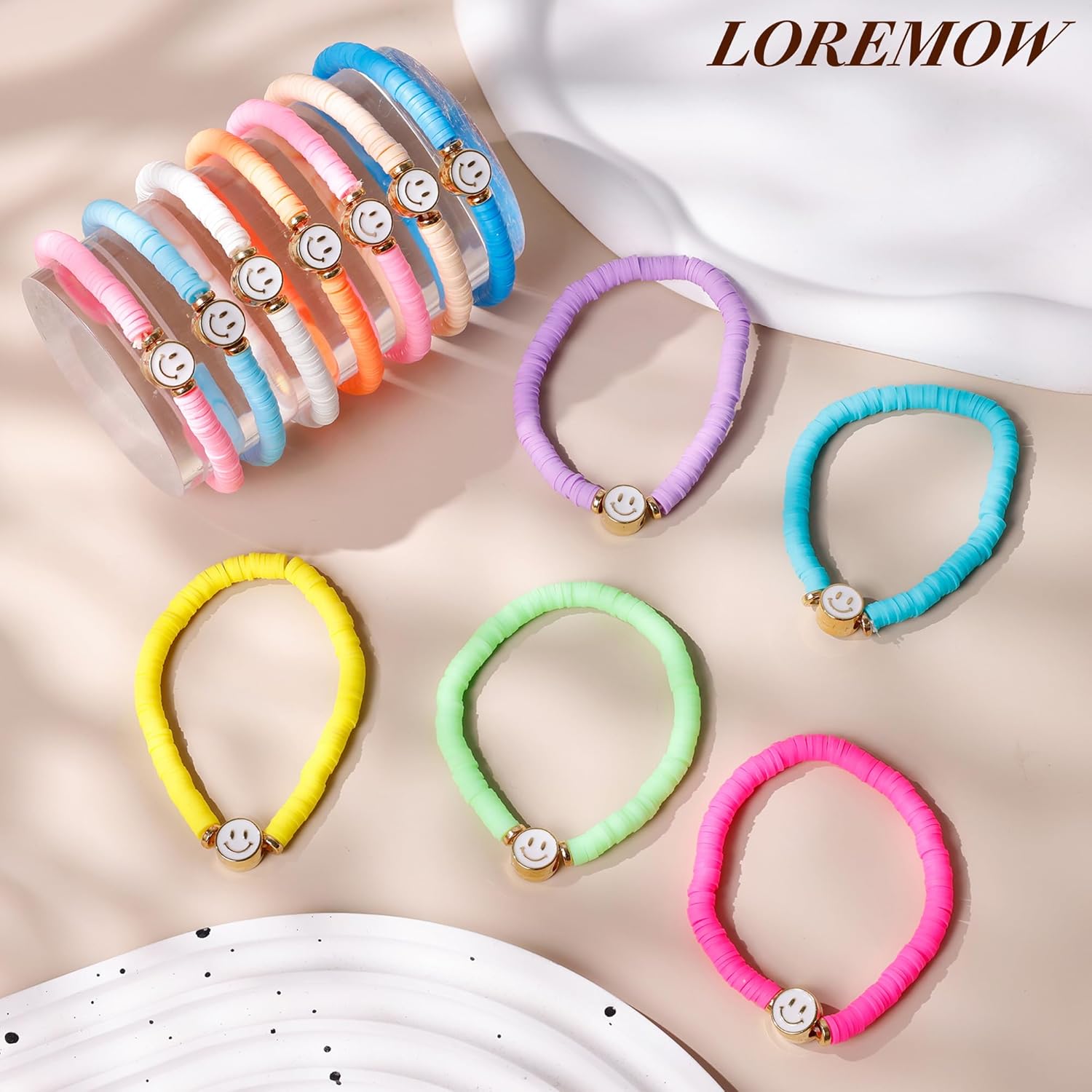 12 Pcs Preppy Friendship Bracelets for Women Smile Face Stackable Beaded Colorful Surfer Heishi Clay Bracelets Stretch Bracelets Boho Elastic Bracelets for Party Favors - Image 3