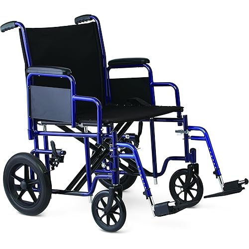 Medline Heavy Duty Transport Chair supports up to 500 lbs., Bariatric Transport Wheelchair, 22" x 18" seat, Blue Frame