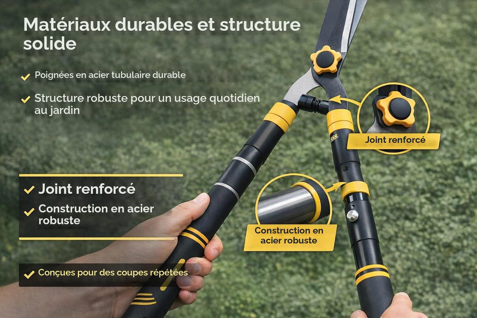 TOOLMAK Cisaille à haies télescopique 620 à 810 mm, taille-haie manuel à manches extensibles, lames tranchantes, poignées antidérapantes, outil de coupe pour haies, buissons et arbustes