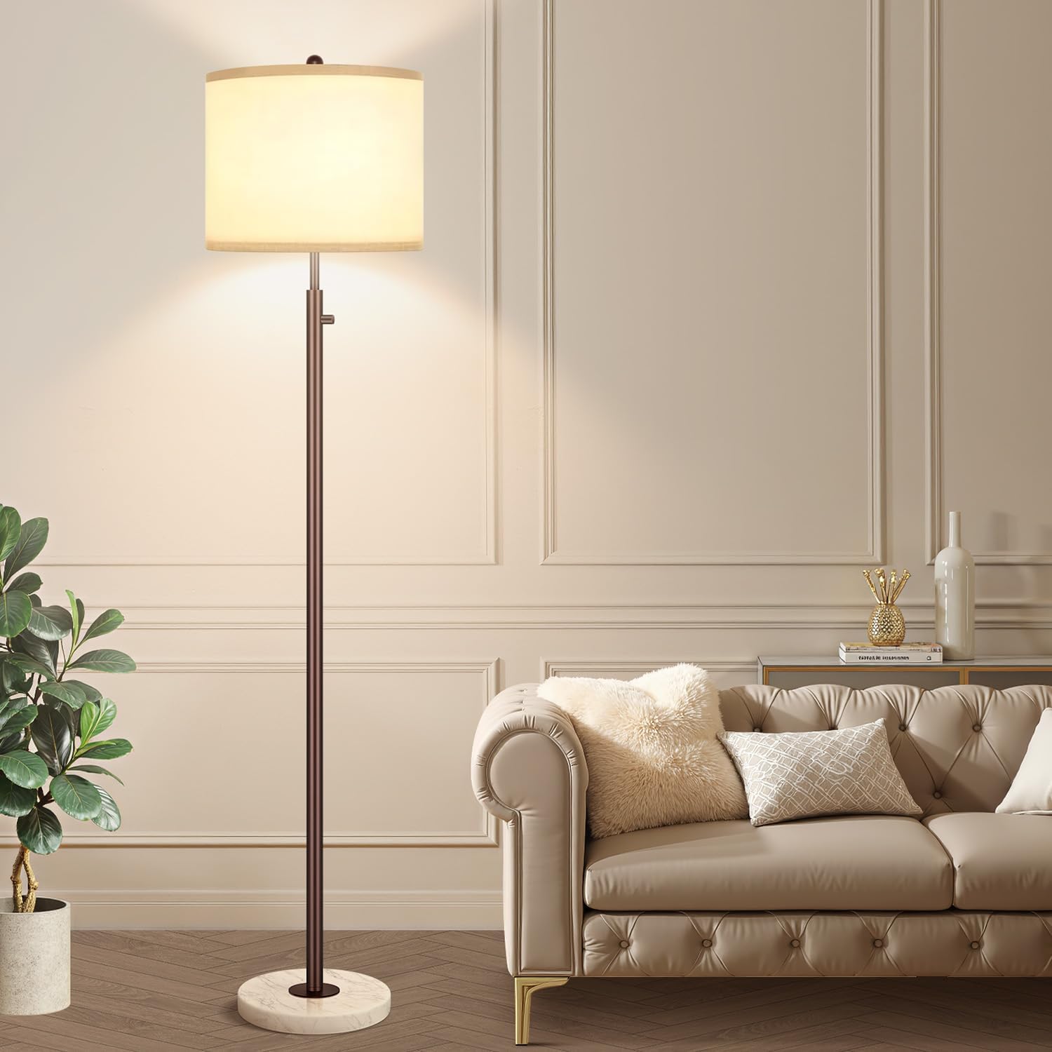 Nintiue 【Upgraded】 Dimmable Floor Lamp for Living Room, 11W LED Bulb Included, Modern Standing Lamp with Marble Base, Tall Pole Light with Linen Shade for Bedroom Reading Office Corner Nursery-Brown
