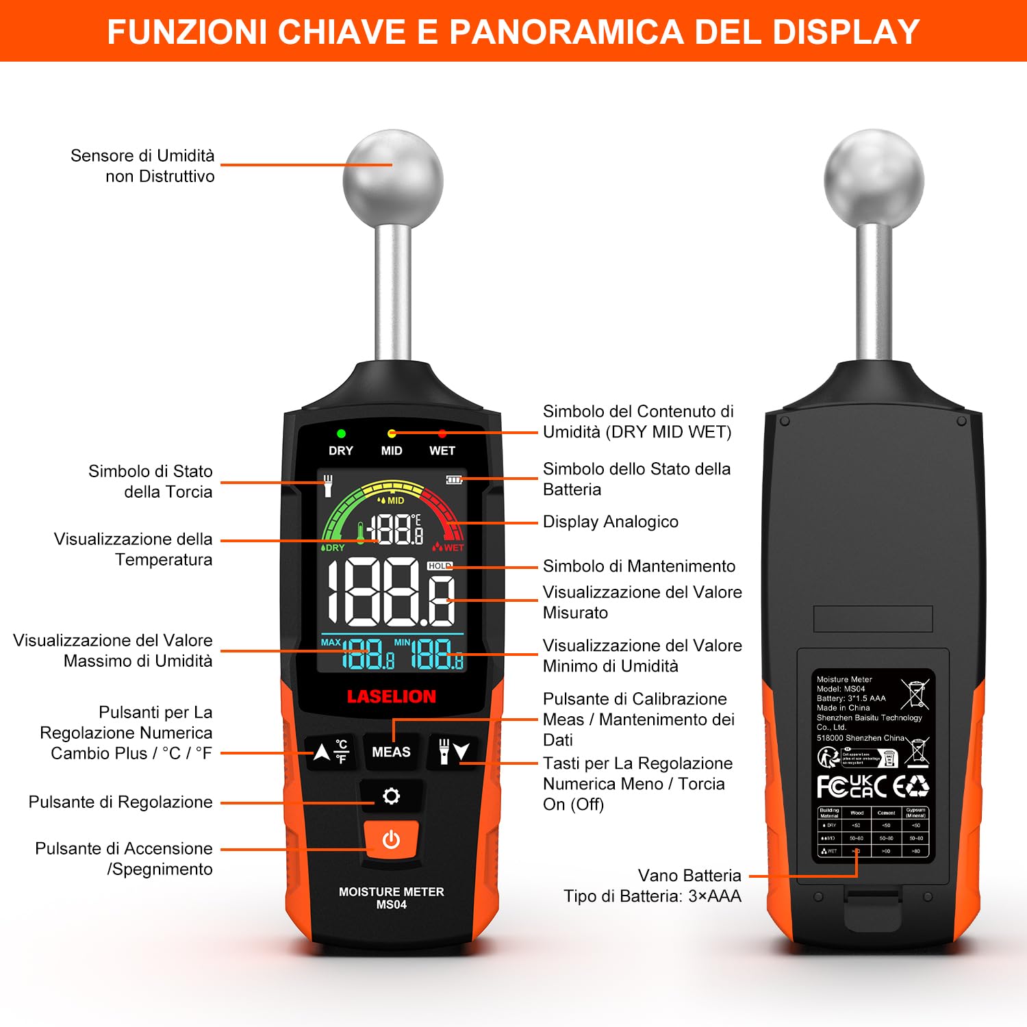 LASELION Misuratore di Umidità Non Distruttivo - Sensore Sfera 5-40mm, Temperatura in Tempo Reale (°C/°F)，Rileva Umidità Nascosta su Legno/Pareti/Cantiere, Allarmi Personalizzabili - MS04