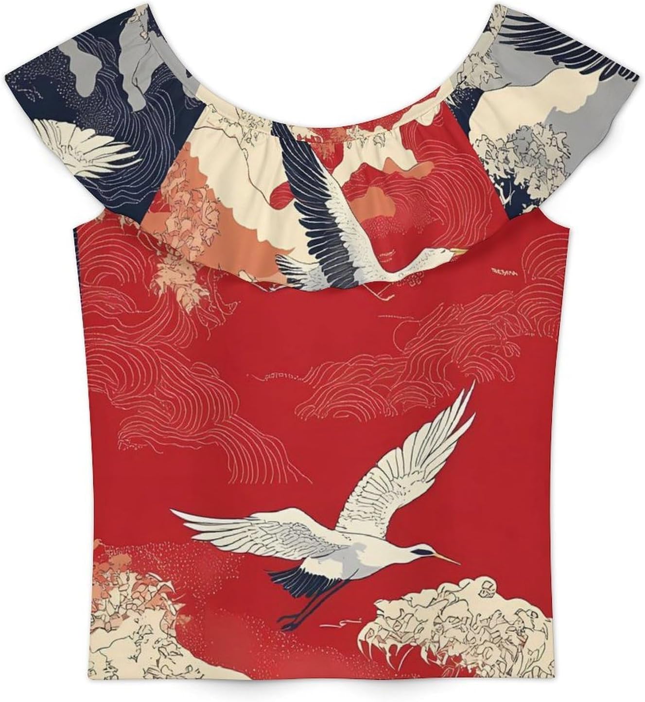 Japanese Crane Bird Wave Girls T-Shirts Top Ruffle Short Sleeve Blouse Casual Graphic Tees