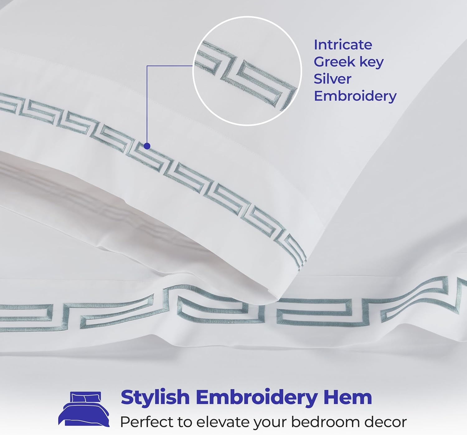 Superior Embroidered Cotton Bed Sheet Set, 1 Elastic Deep Pocket Fitted Sheet, 1 Flat Sheet, 2 Pillowcases, Daily Soft Sheets, Luxury, Greek Key Design, Harrison Collection, Queen, White-Silver