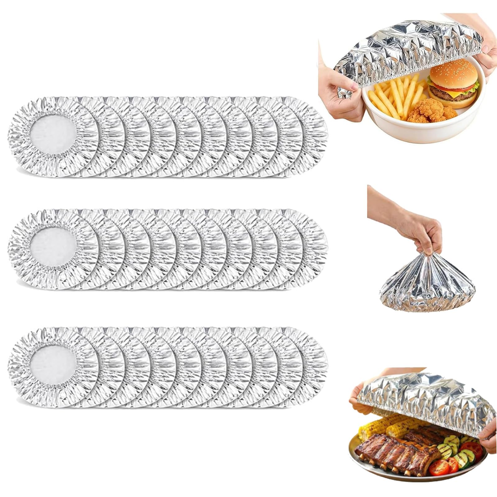 Aluminum Foil Food Covers, Stretch Aluminum Foil Food Covers, Thickened Heat-Resistant Material with Continuous Warmth, Reusable Food Covers for Kitchen Meals Vegetables Fruits Leftovers (30 PCS)