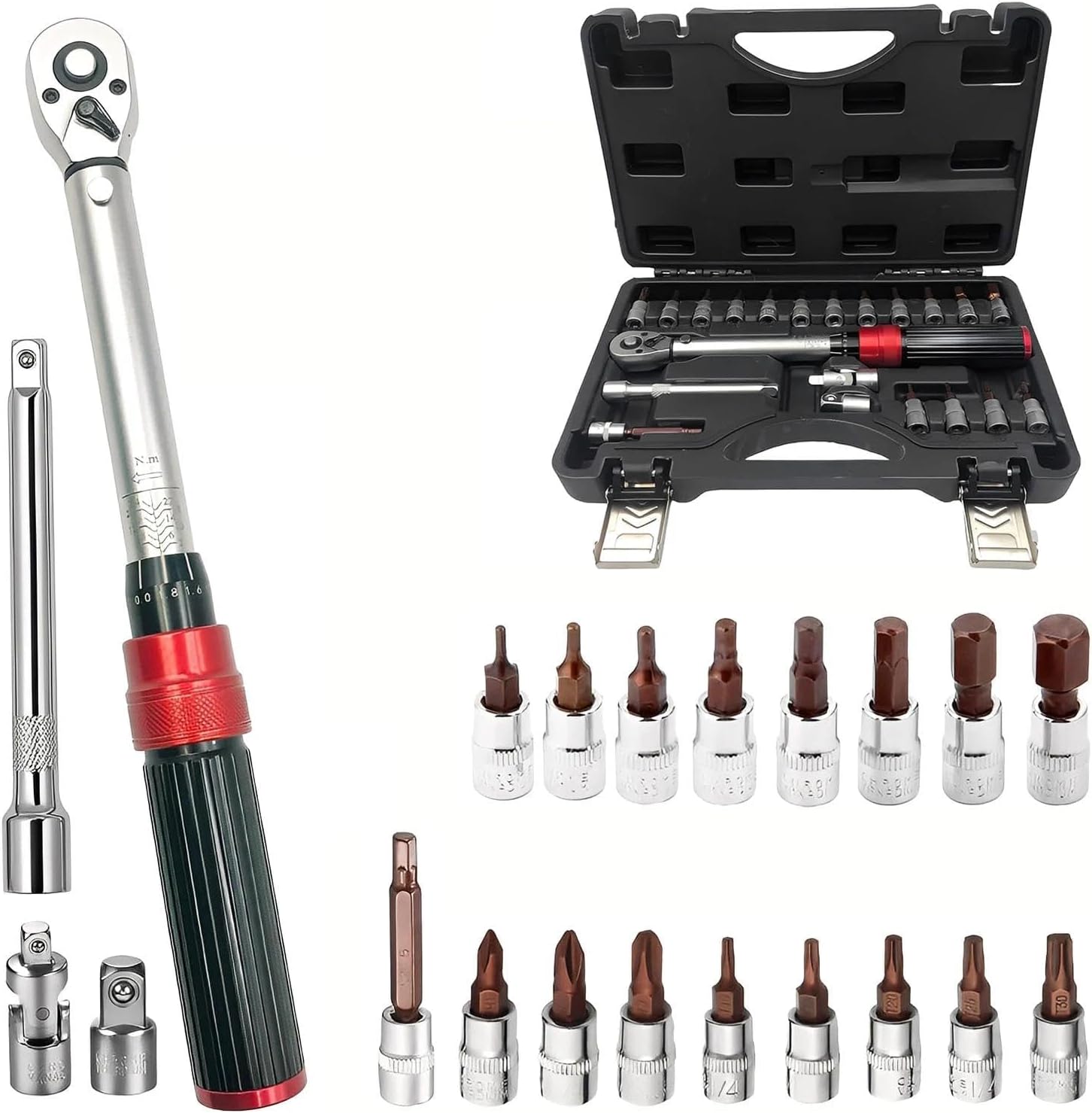 21-Piece 1/4 Inch Drive Click Torque Wrench Set, 2-24 N.m Metric, 72-Tooth Dual-Direction, ±3% High Precision with CR-V Steel & Storage Box for Bike, Motorcycle, Car Repair