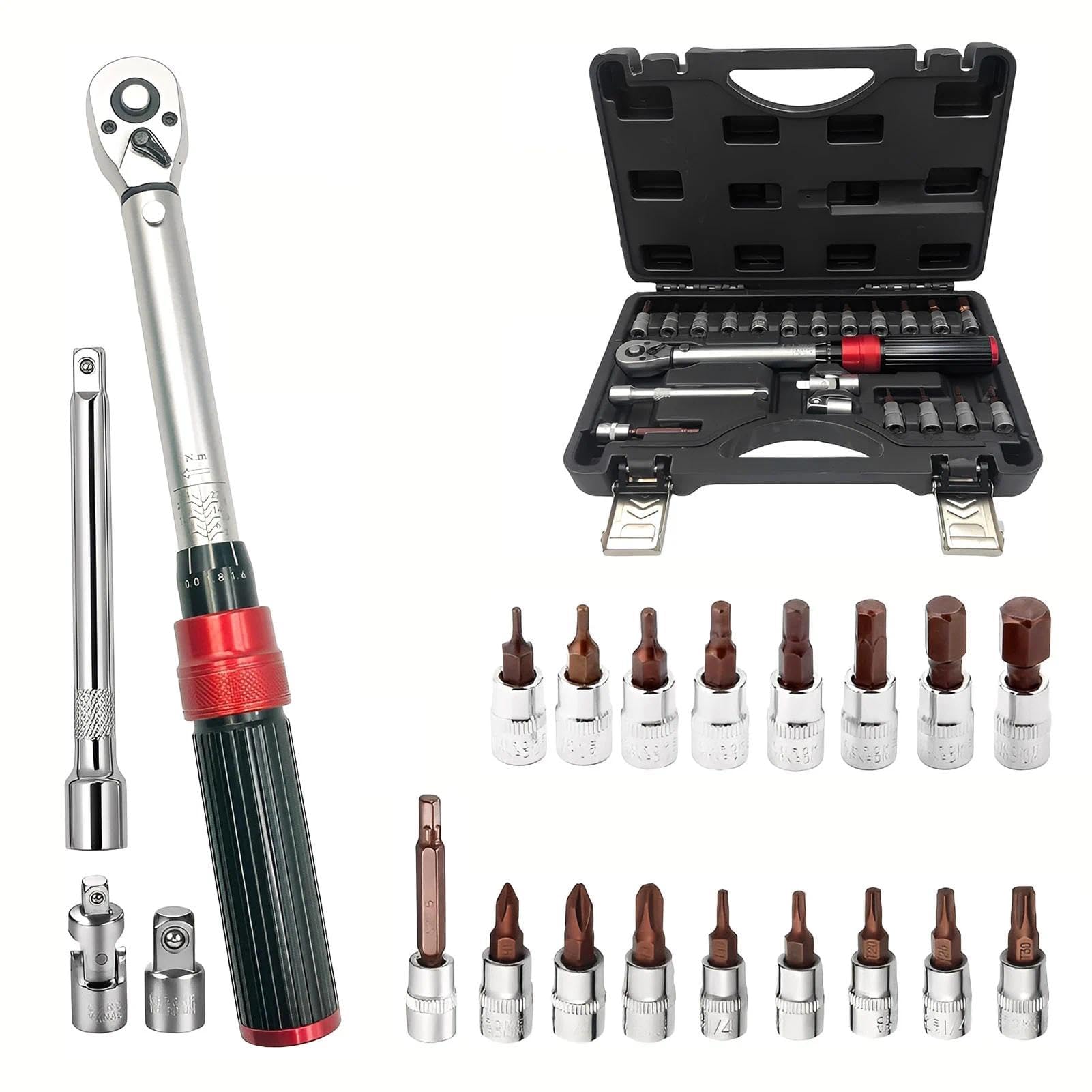 RELIABLESLING 21-Piece 1/4 Inch Drive Click Torque Wrench Set, 2-24 N.m Metric, 72-Tooth Dual-Direction, ±3% High Precision with CR-V Steel & Storage